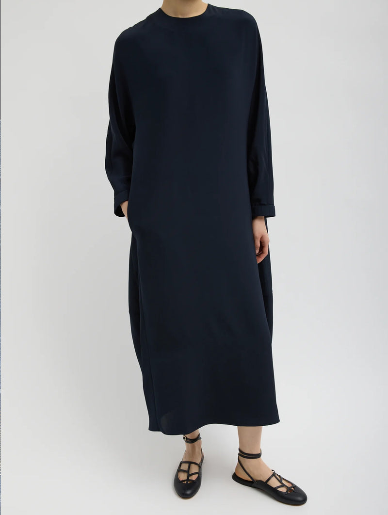 4 Ply Silk Long Sleeve Cocoon Dress in Dark Navy