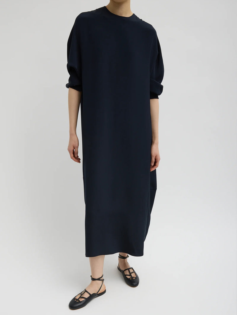 4 Ply Silk Long Sleeve Cocoon Dress in Dark Navy