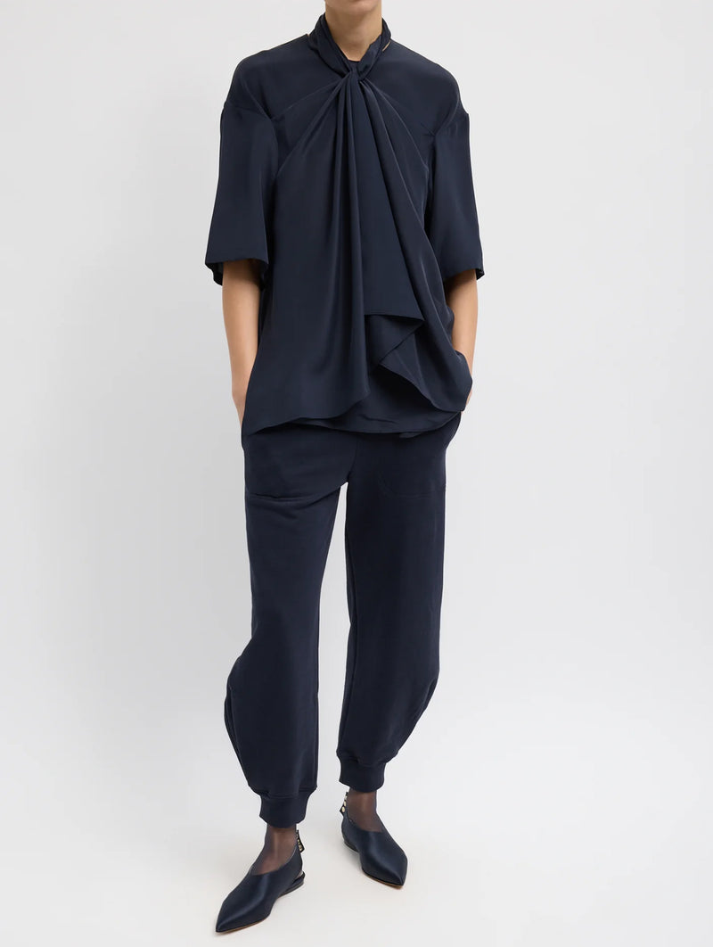 4 Ply Silk Tie Front Top in Navy