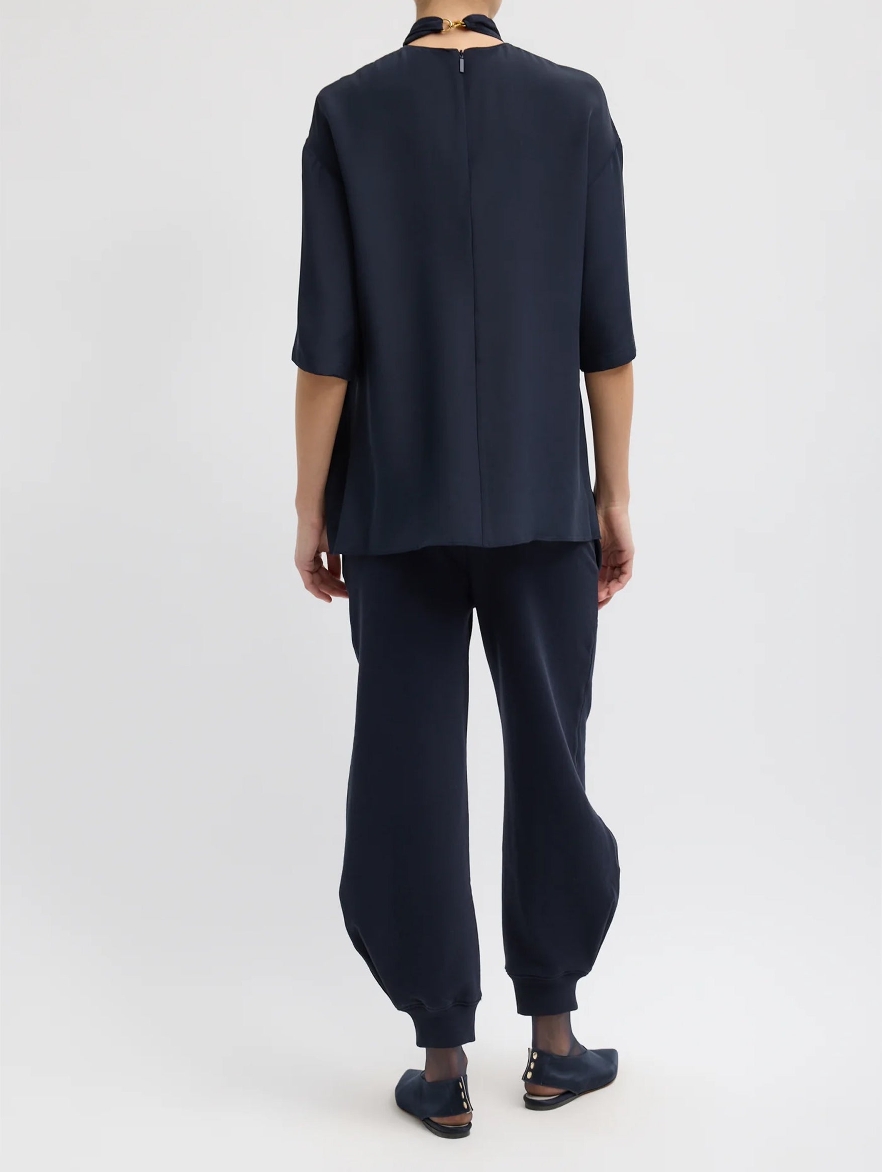 4 Ply Silk Tie Front Top in Navy