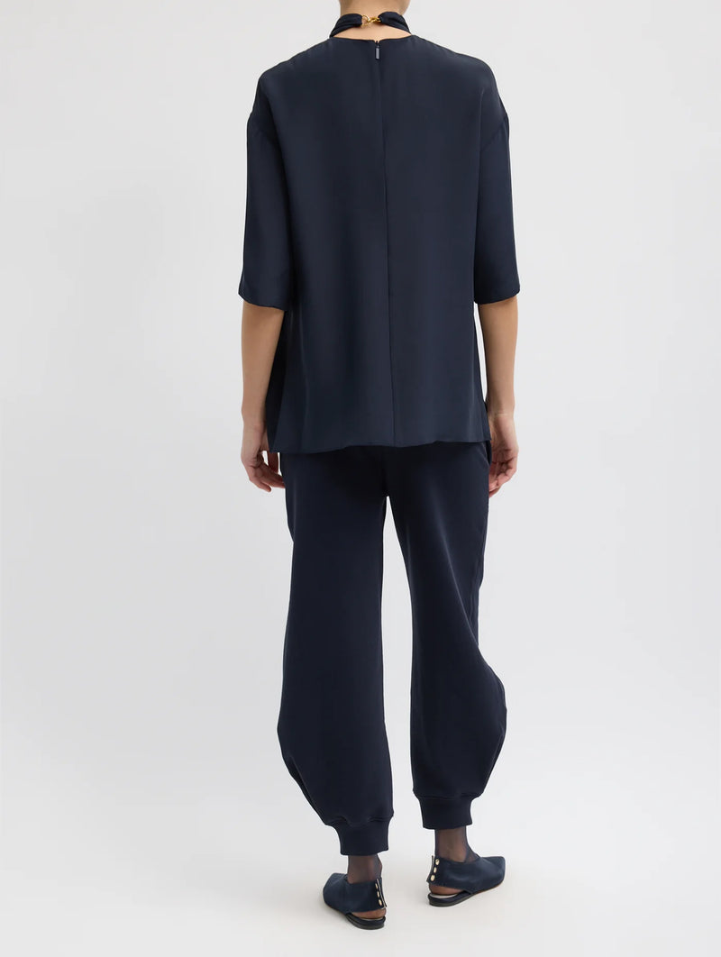 4 Ply Silk Tie Front Top in Navy