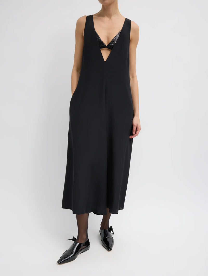 4 Ply Silk V-Neck Dress With Bra in Black