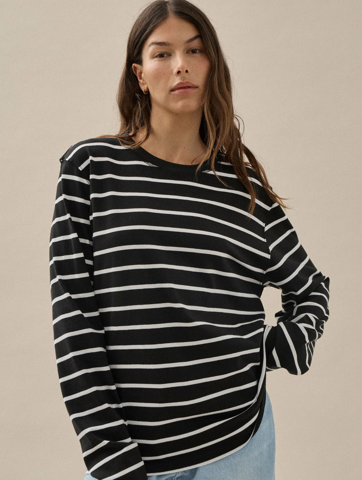 Long Sleeve Breton Tee in Black and White Stripe