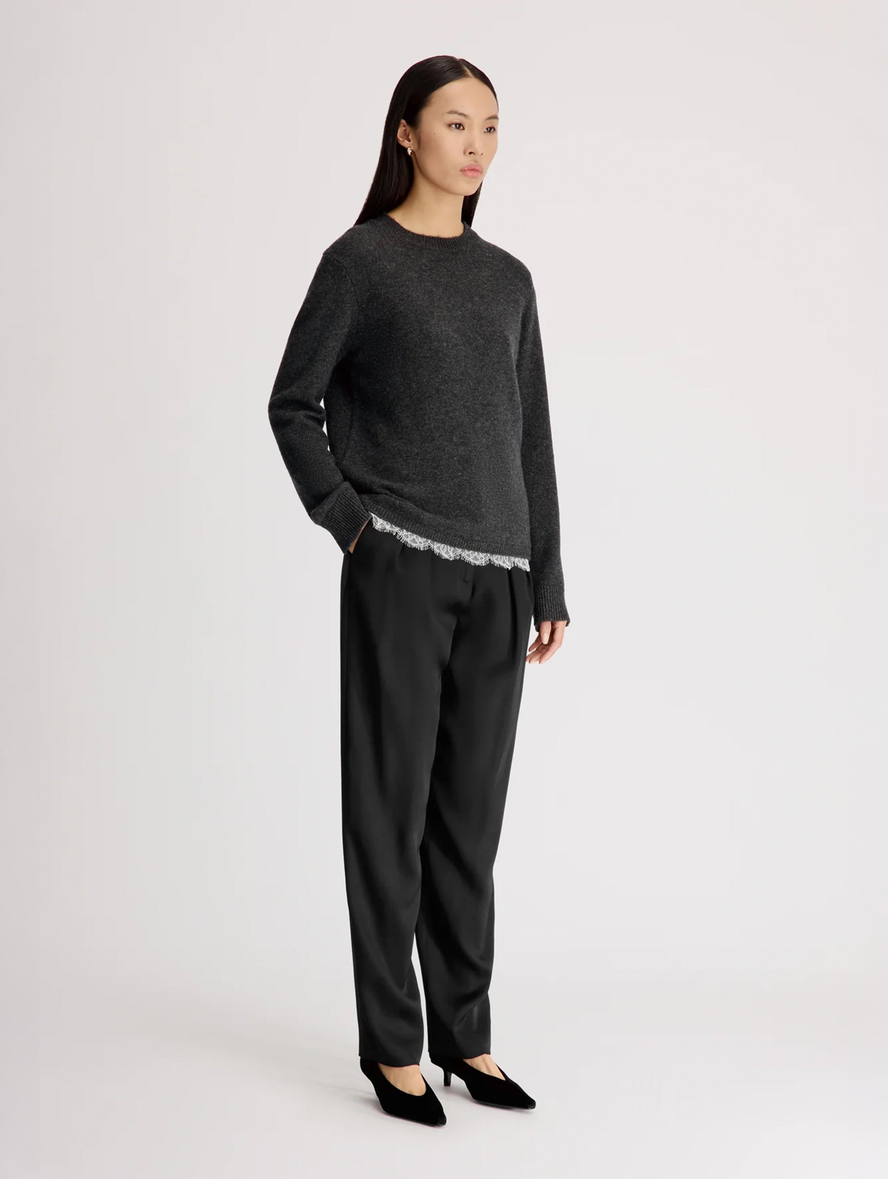 Arvo Lace Trim Cashmere Sweater in Charcoal