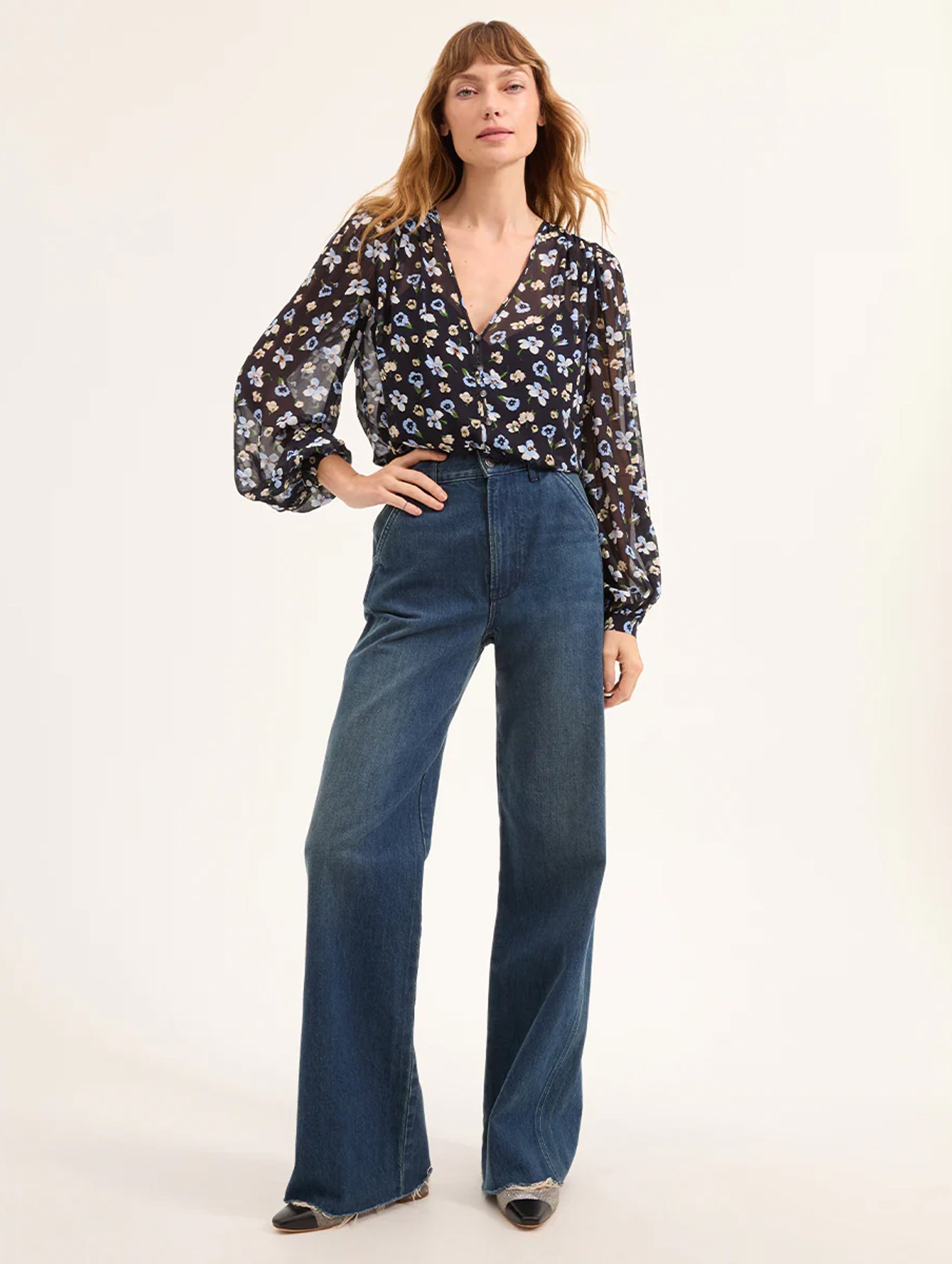 Alec Floral Blouse in Navy