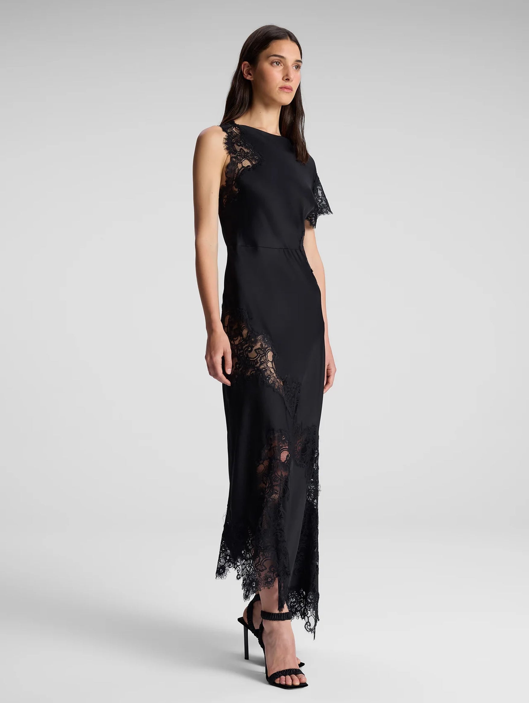 Alessia Satin and Lace Maxi Dress in Black