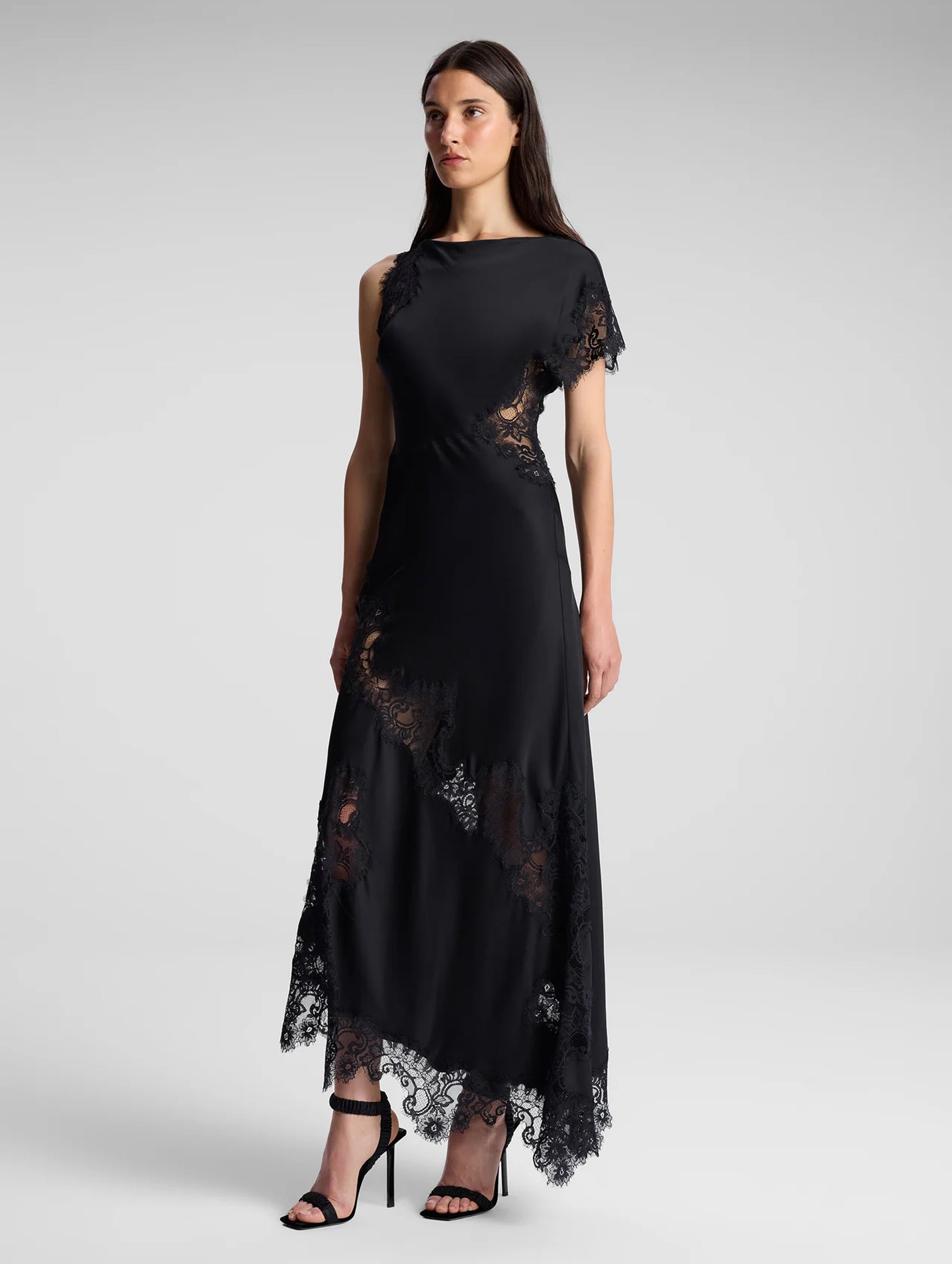 Alessia Satin and Lace Maxi Dress in Black