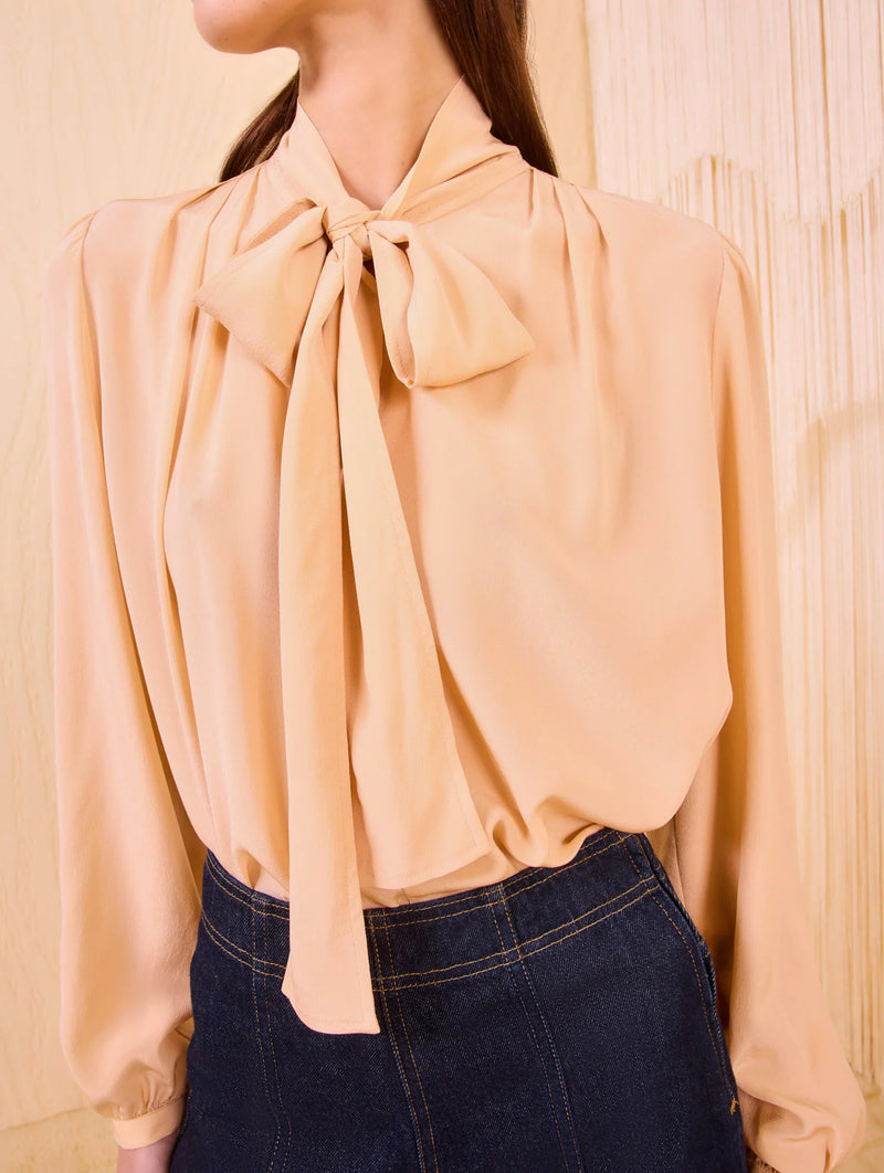 Alistair Necktie Long Sleeve Blouse in Almond