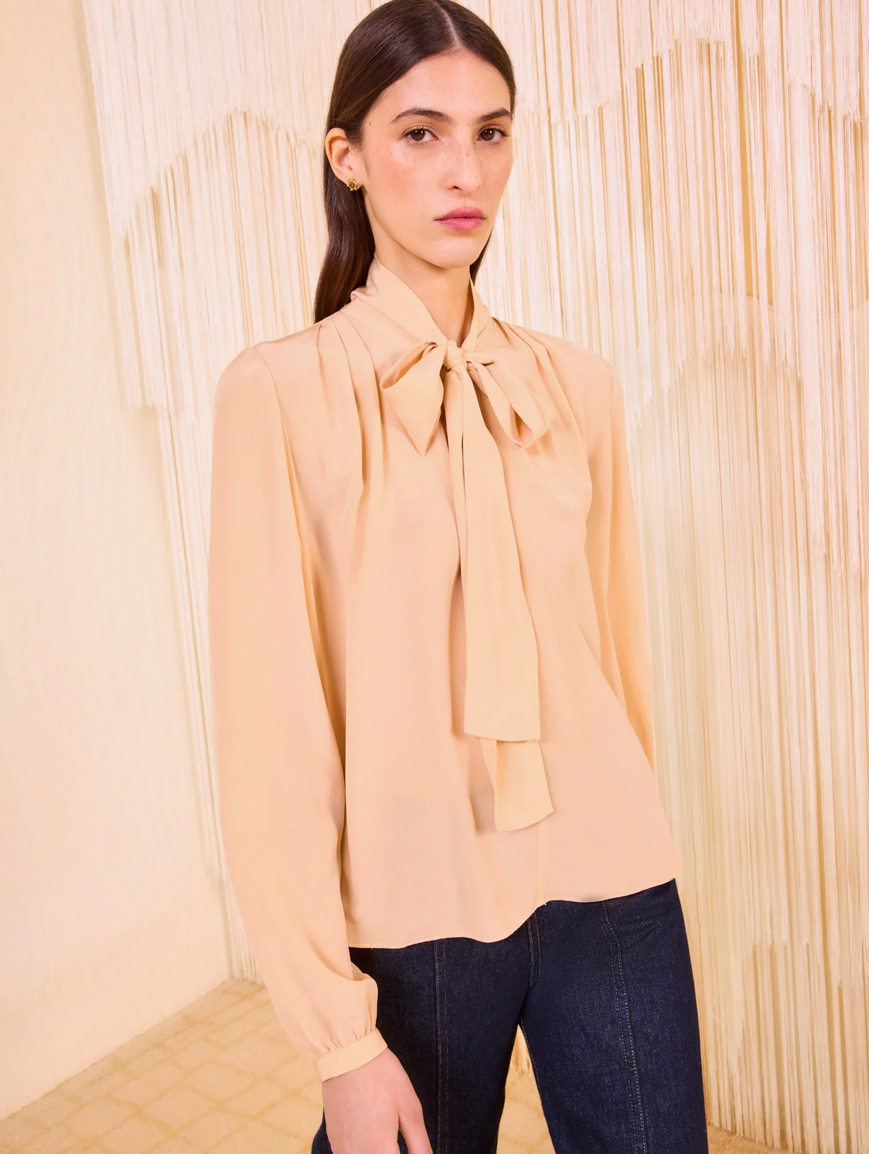Alistair Necktie Long Sleeve Blouse in Almond