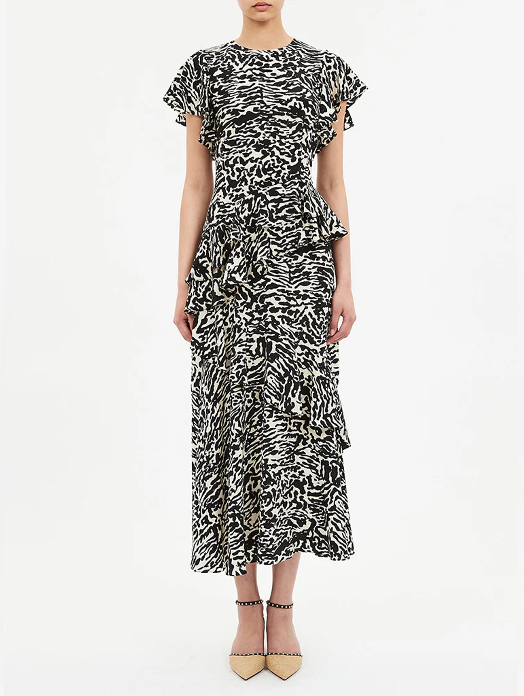 Amaia Cascading Ruffle Midi Dress in Spotted Jasper
