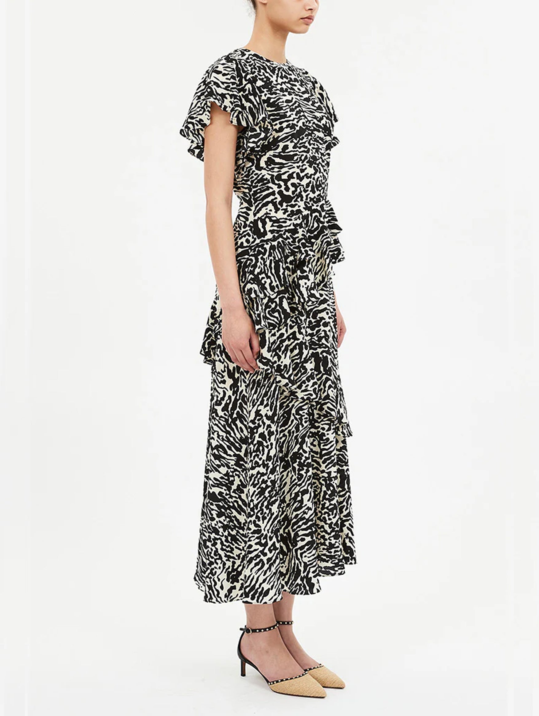 Amaia Cascading Ruffle Midi Dress in Spotted Jasper