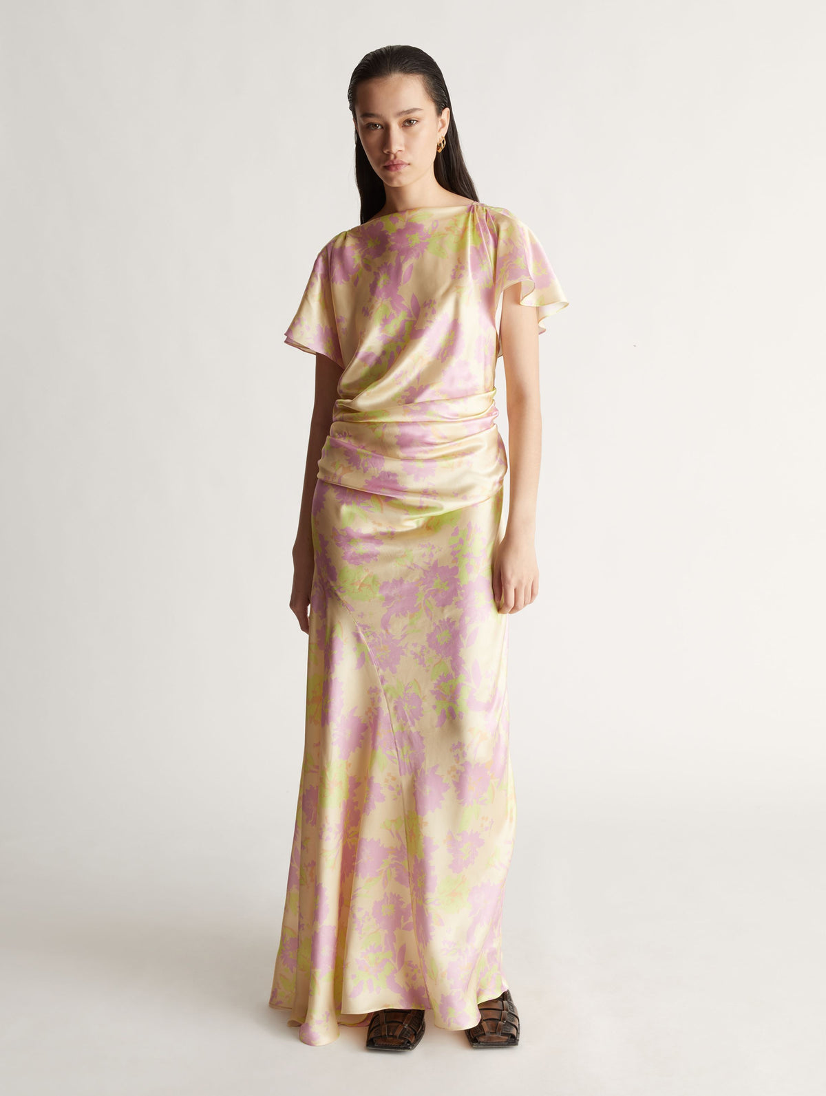 Annette Silk Drape Dress in Peach Floral