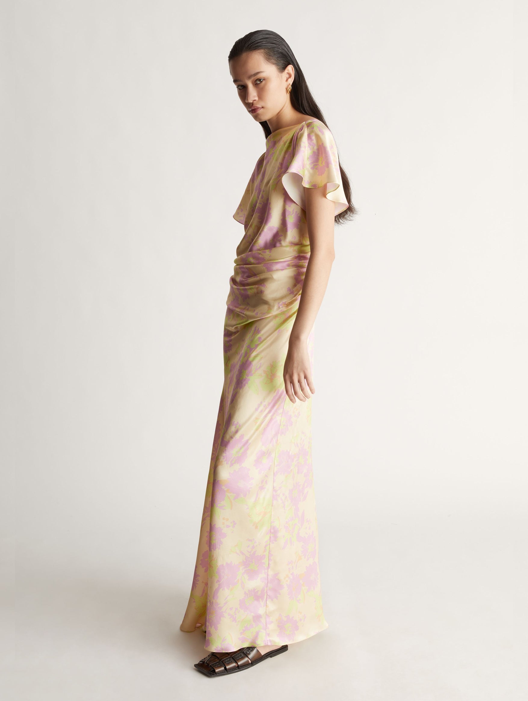 Annette Silk Drape Dress in Peach Floral