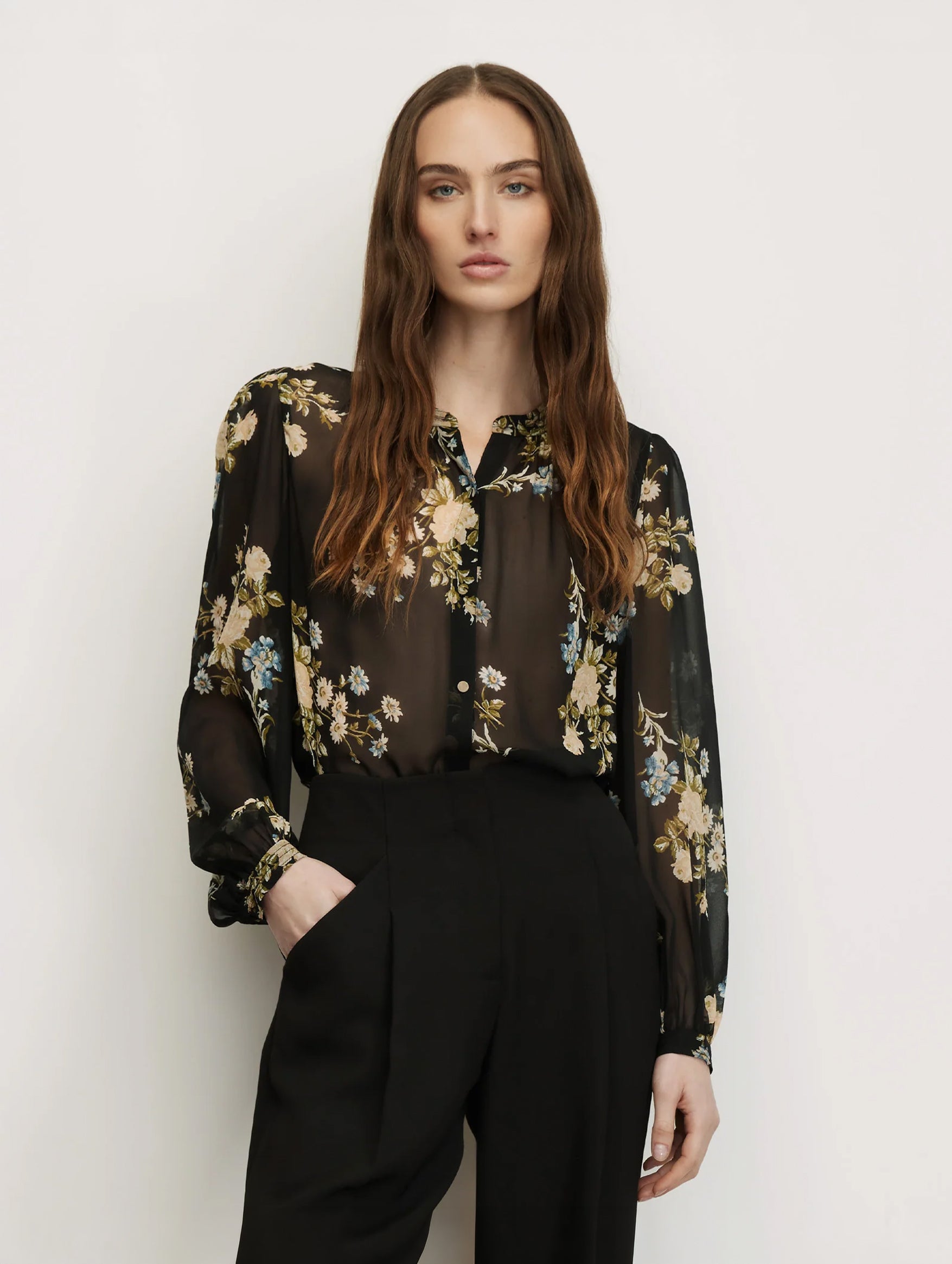 Ashlynn Silk Blouse in Black Floral