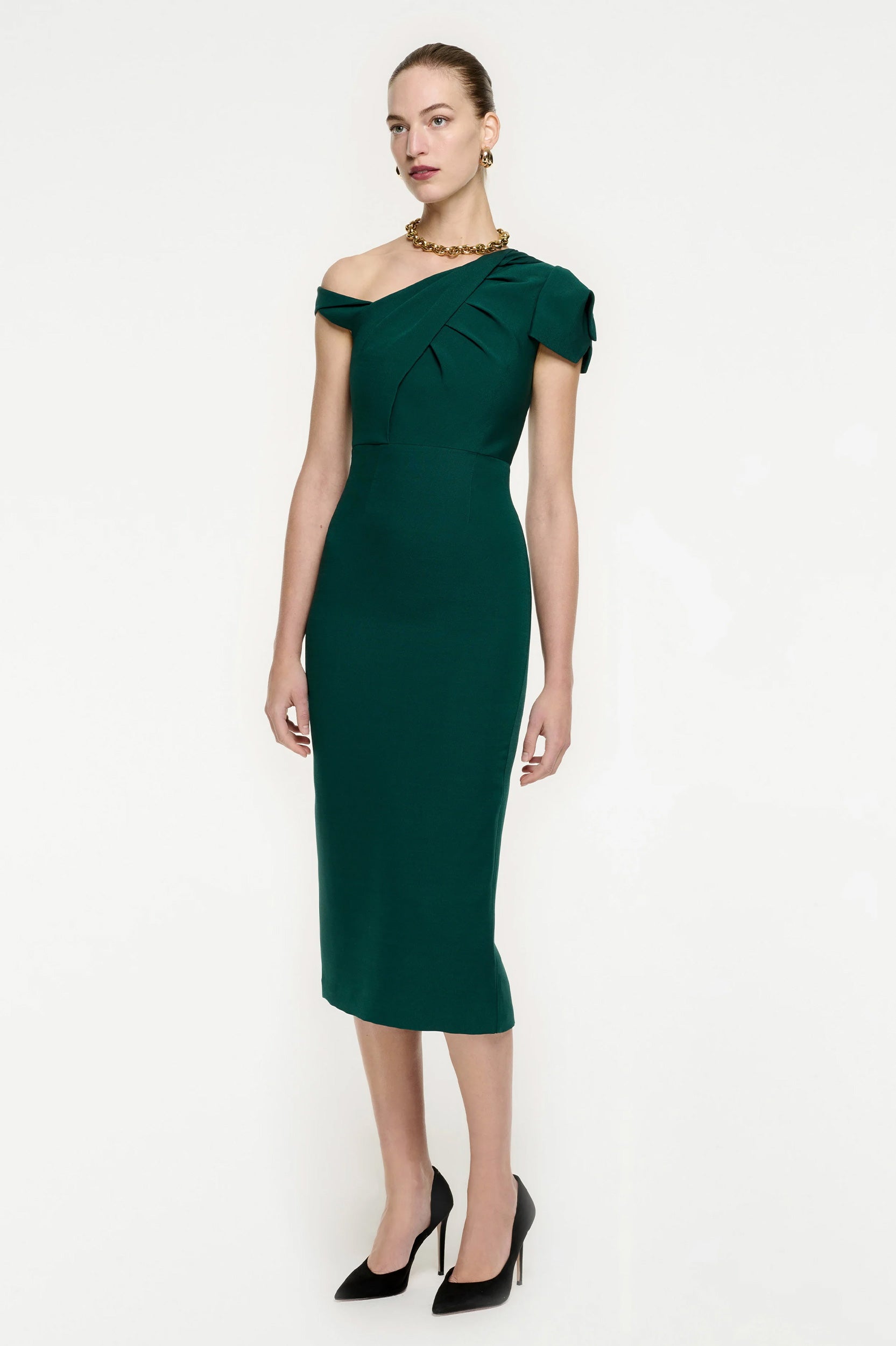 Asymmetric Wool Silk Midi Dress in Green