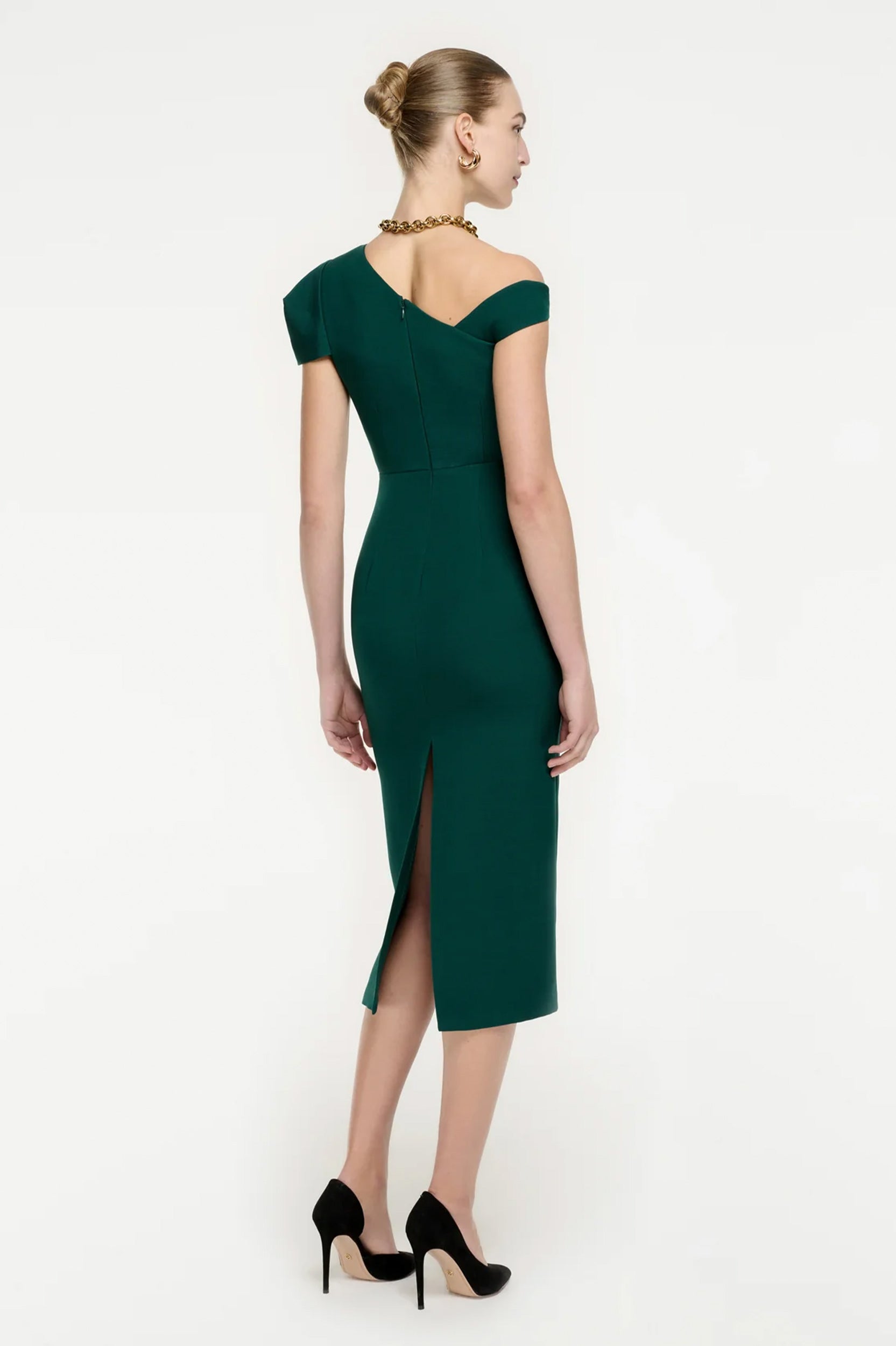 Asymmetric Wool Silk Midi Dress in Green