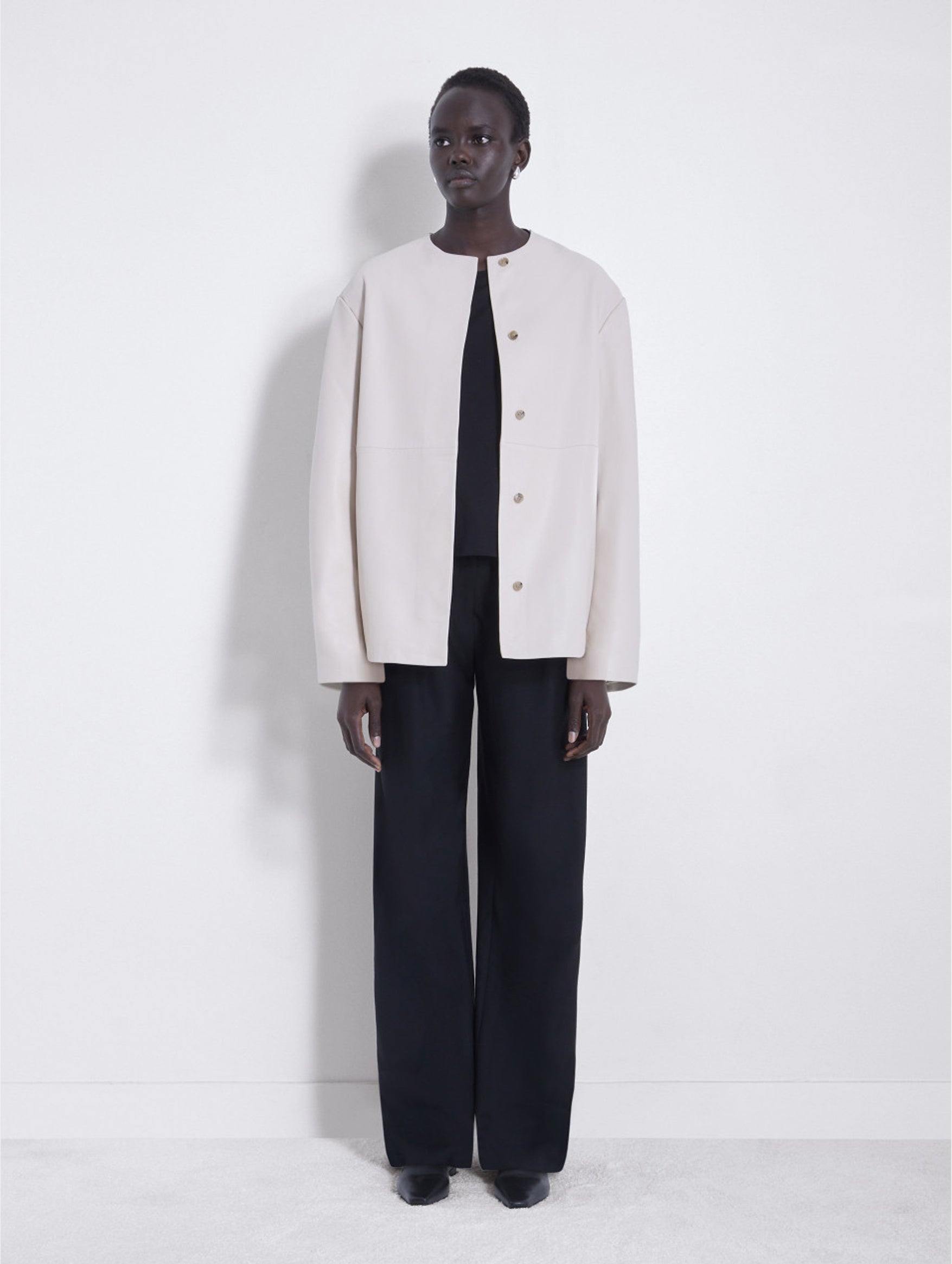 Atalia Leather Round Neck Coat in Ivory