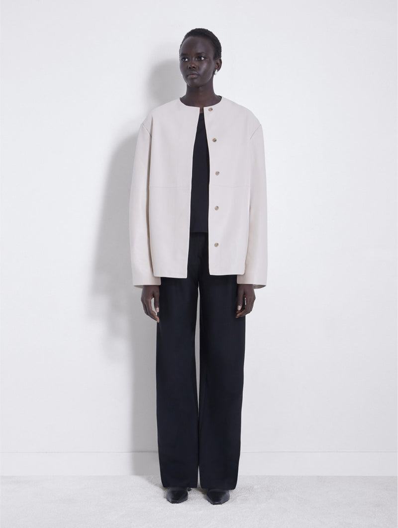 Atalia Leather Round Neck Coat in Ivory