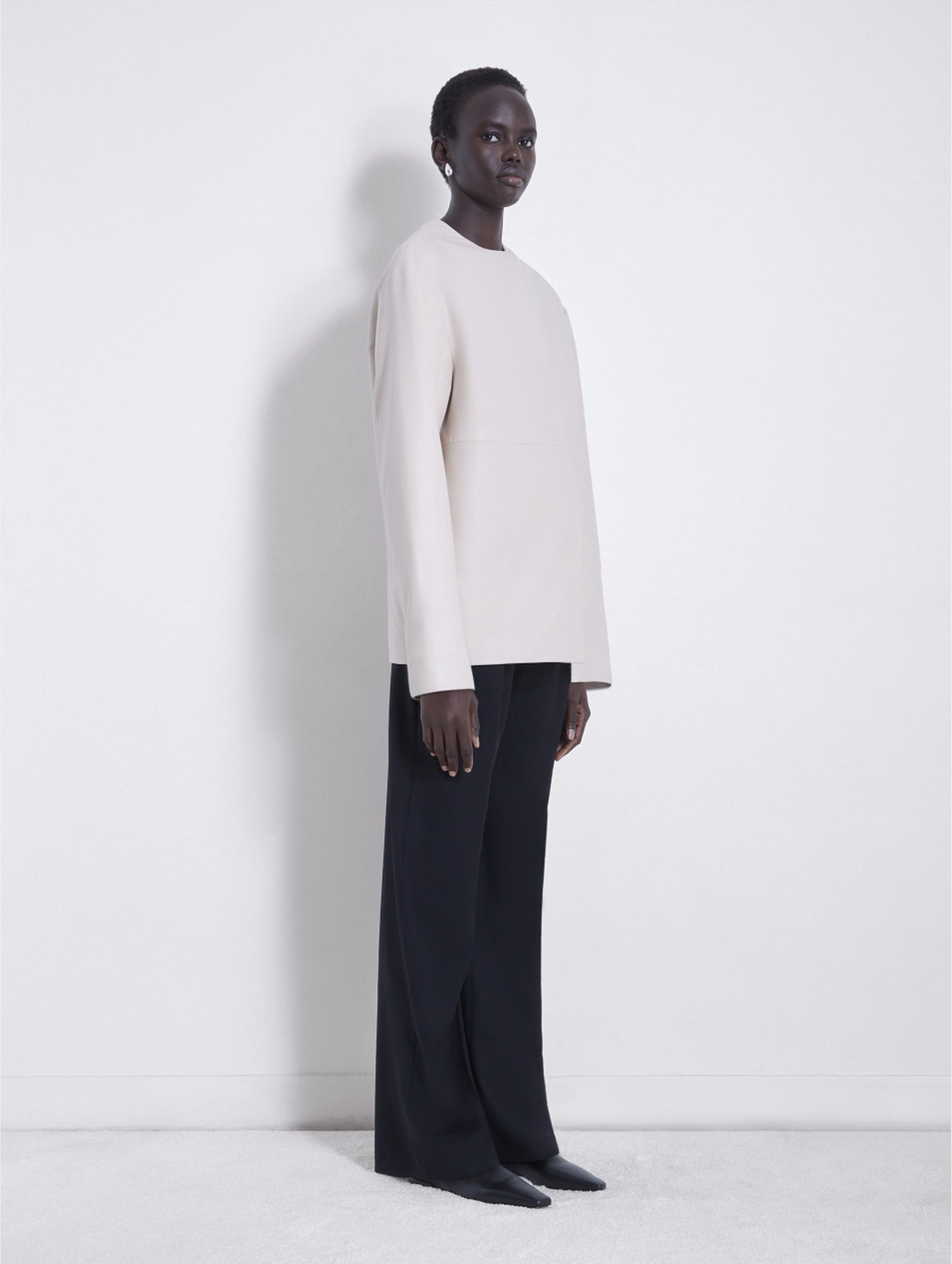 Atalia Leather Round Neck Coat in Ivory