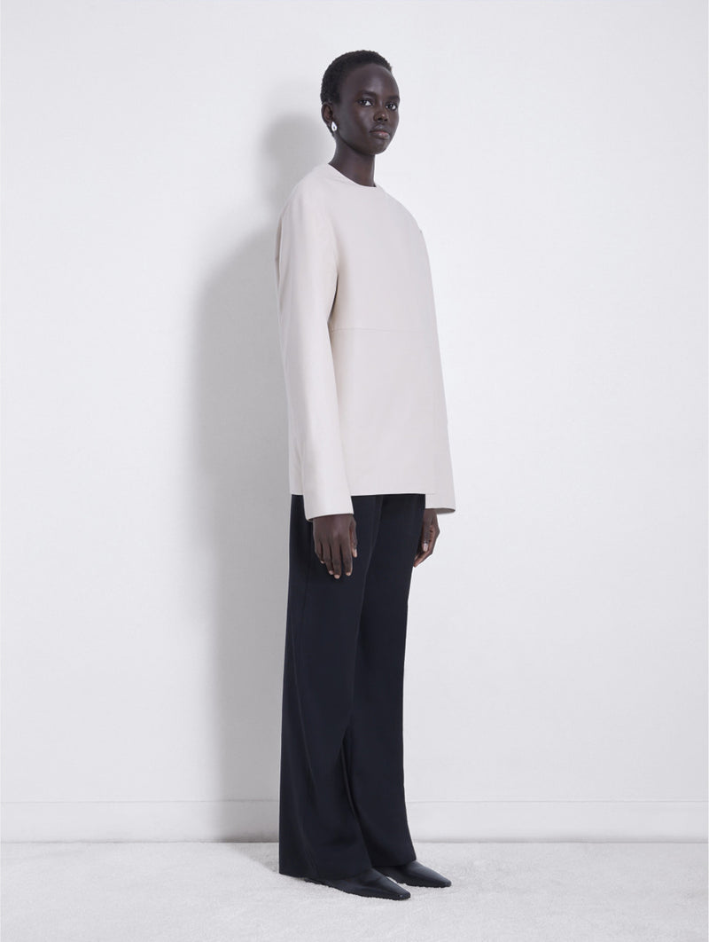 Atalia Leather Round Neck Coat in Ivory