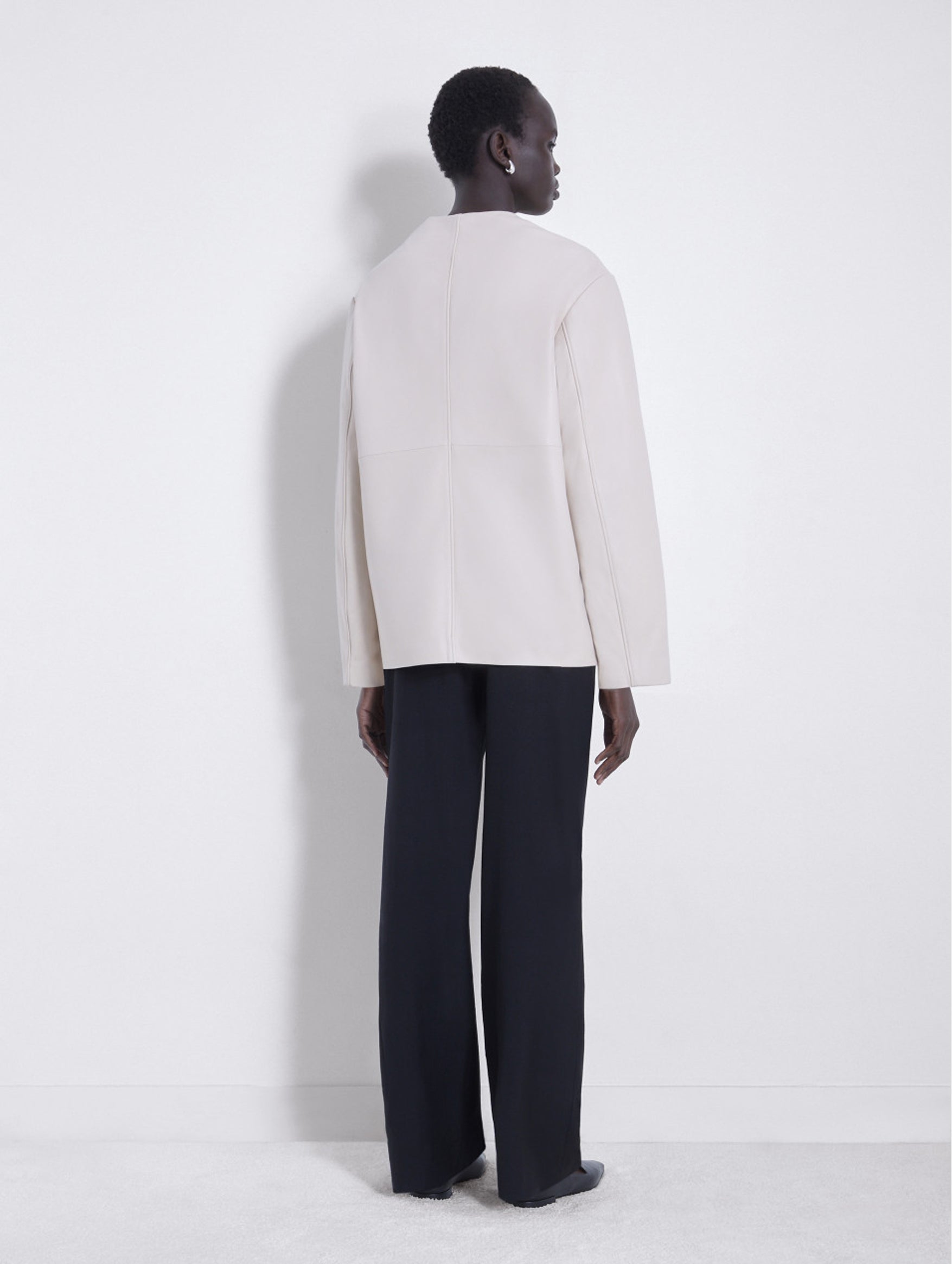 Atalia Leather Round Neck Coat in Ivory