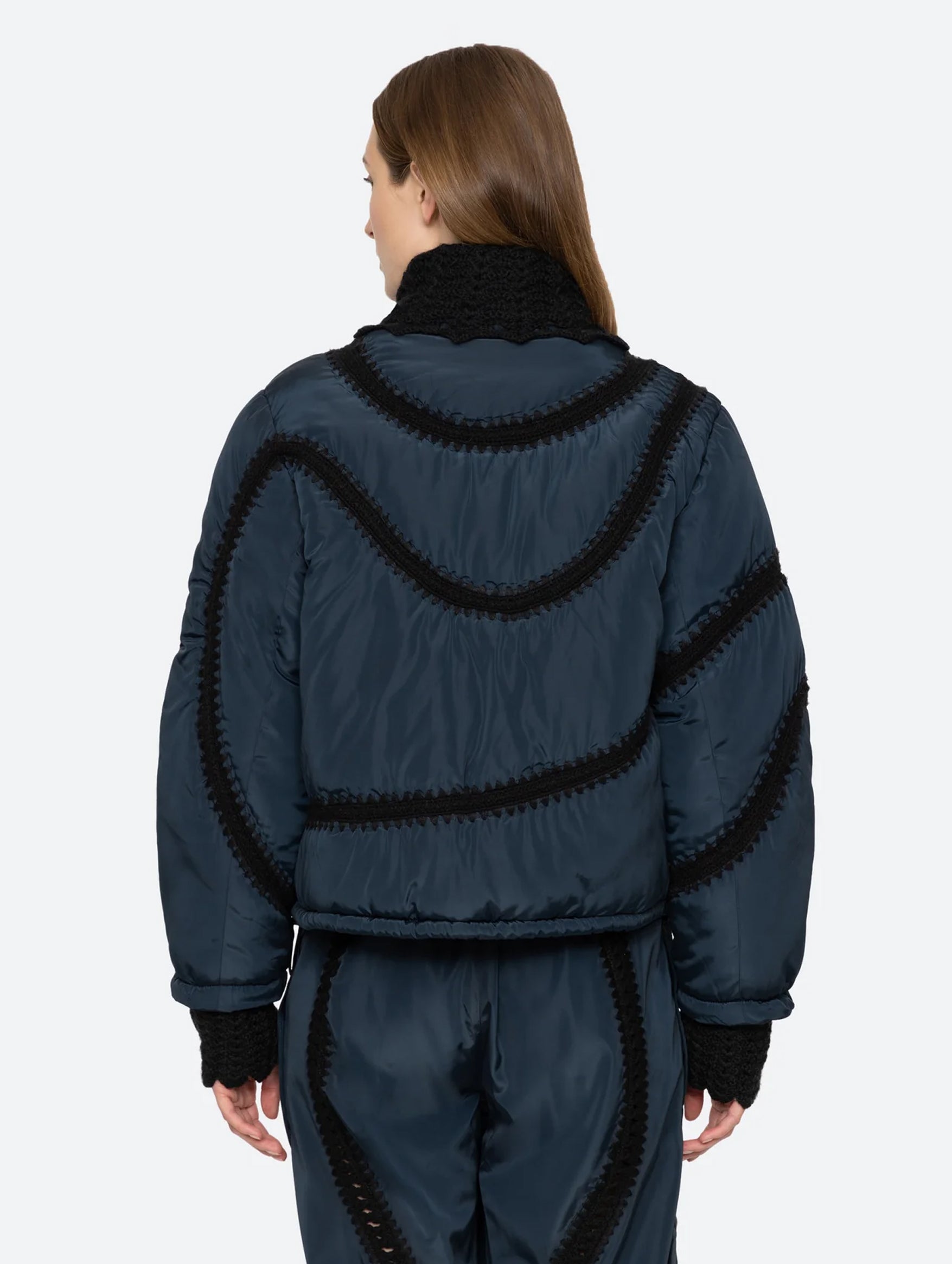 Averie Windbreaker Crochet Puffer Jacket in Navy