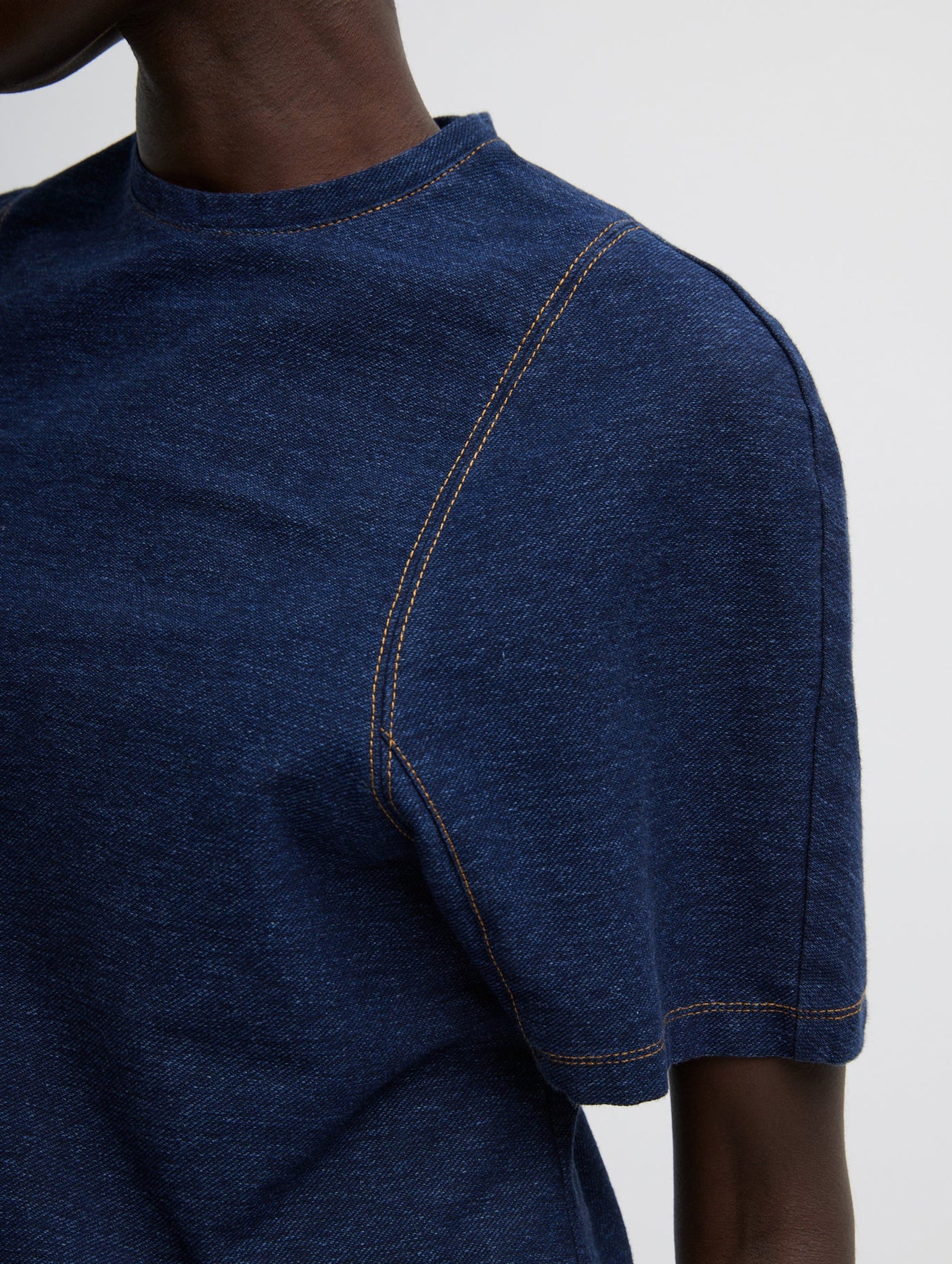 Barre Denim Knit Sculpted Shrunken T-Shirt In Indigo