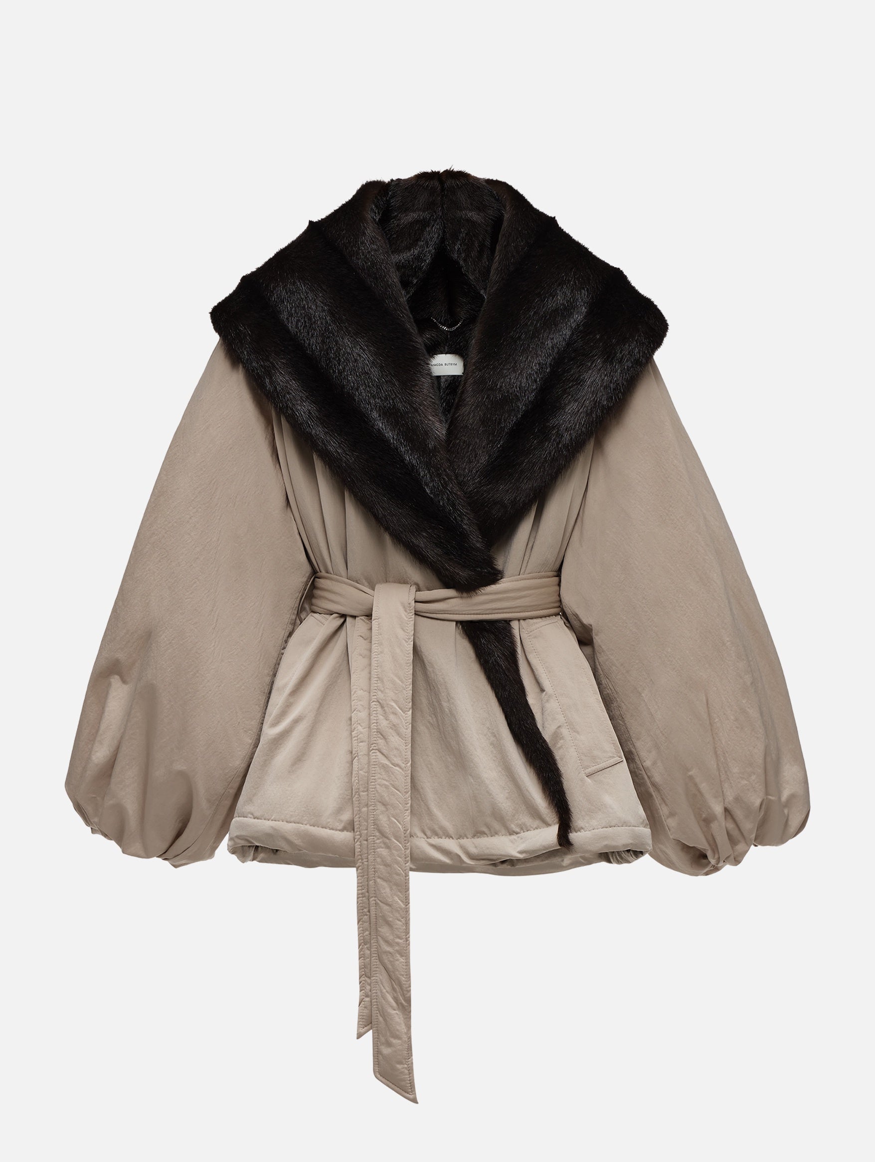 Belted Faux Fur Collar Jacket in Beige