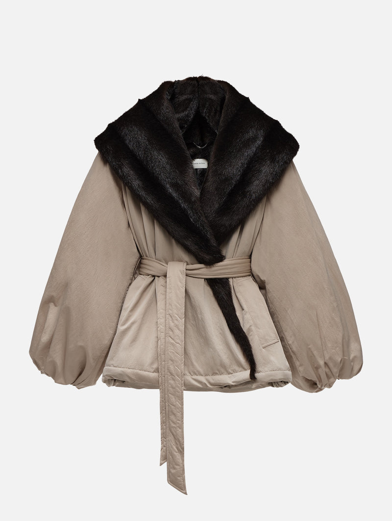 Belted Faux Fur Collar Jacket in Beige