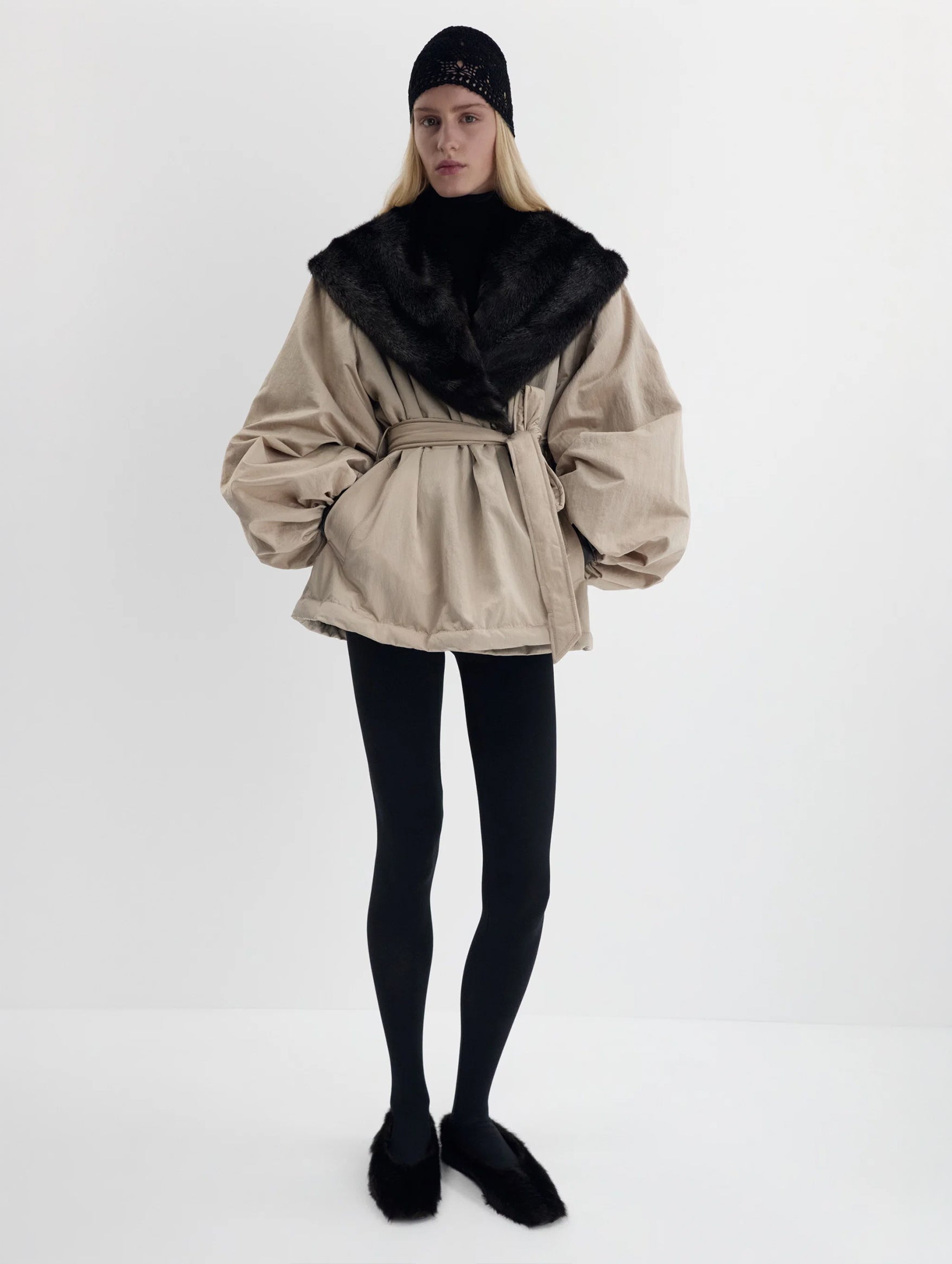 Belted Faux Fur Collar Jacket in Beige