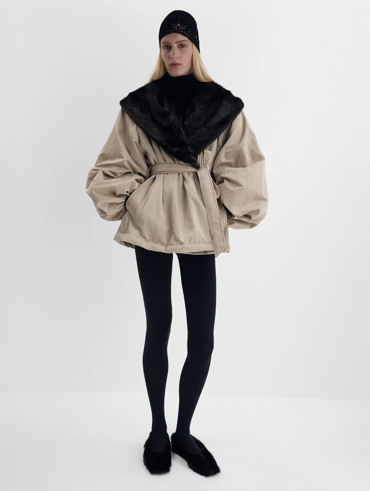 Belted Faux Fur Collar Jacket in Beige