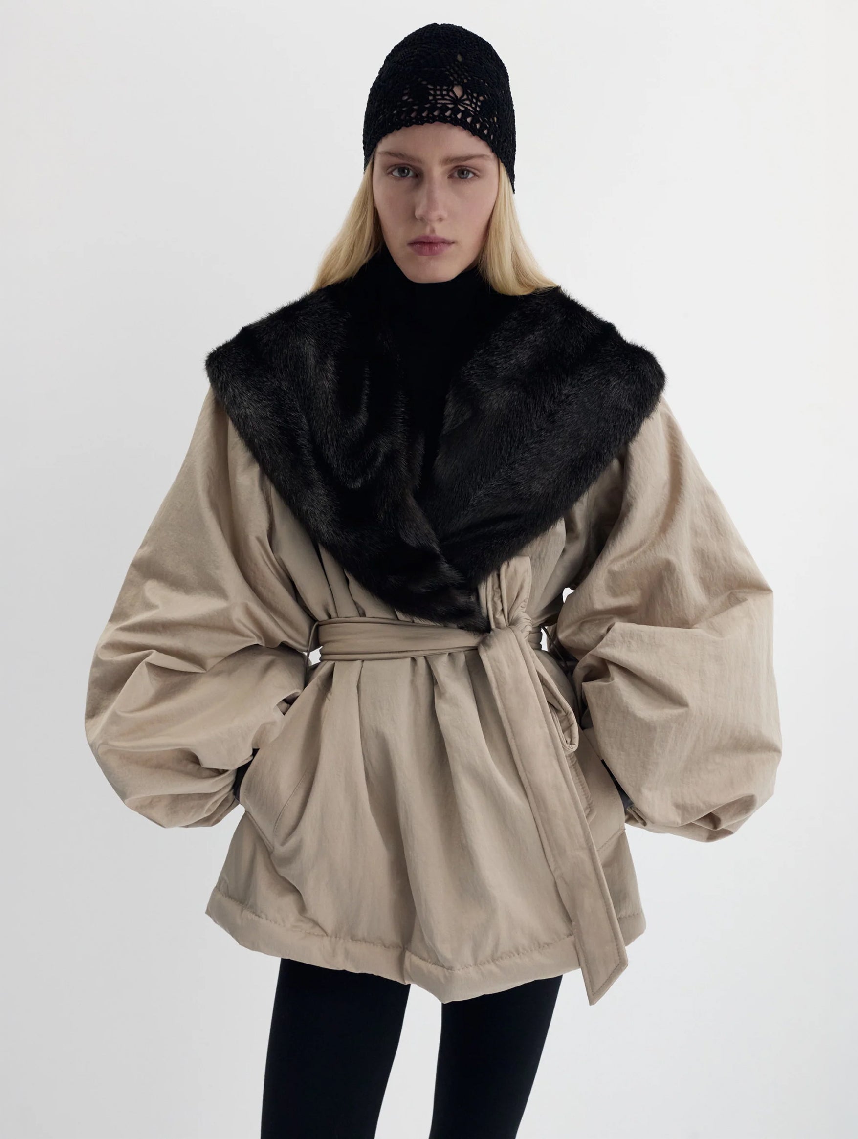 Belted Faux Fur Collar Jacket in Beige