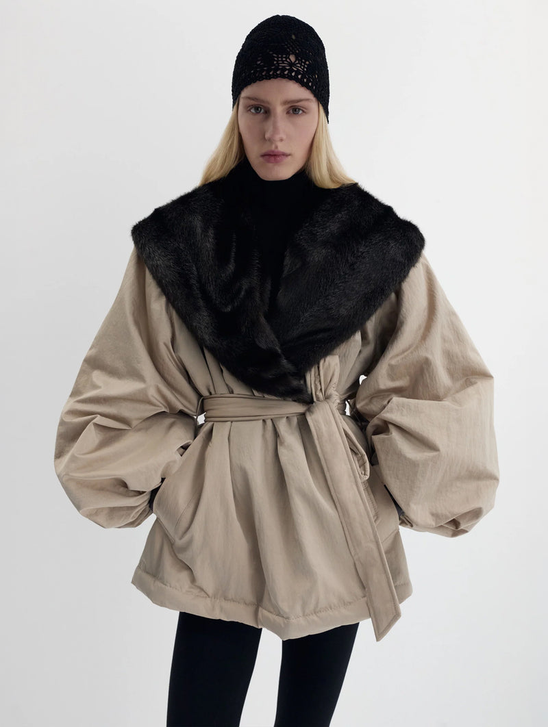 Belted Faux Fur Collar Jacket in Beige