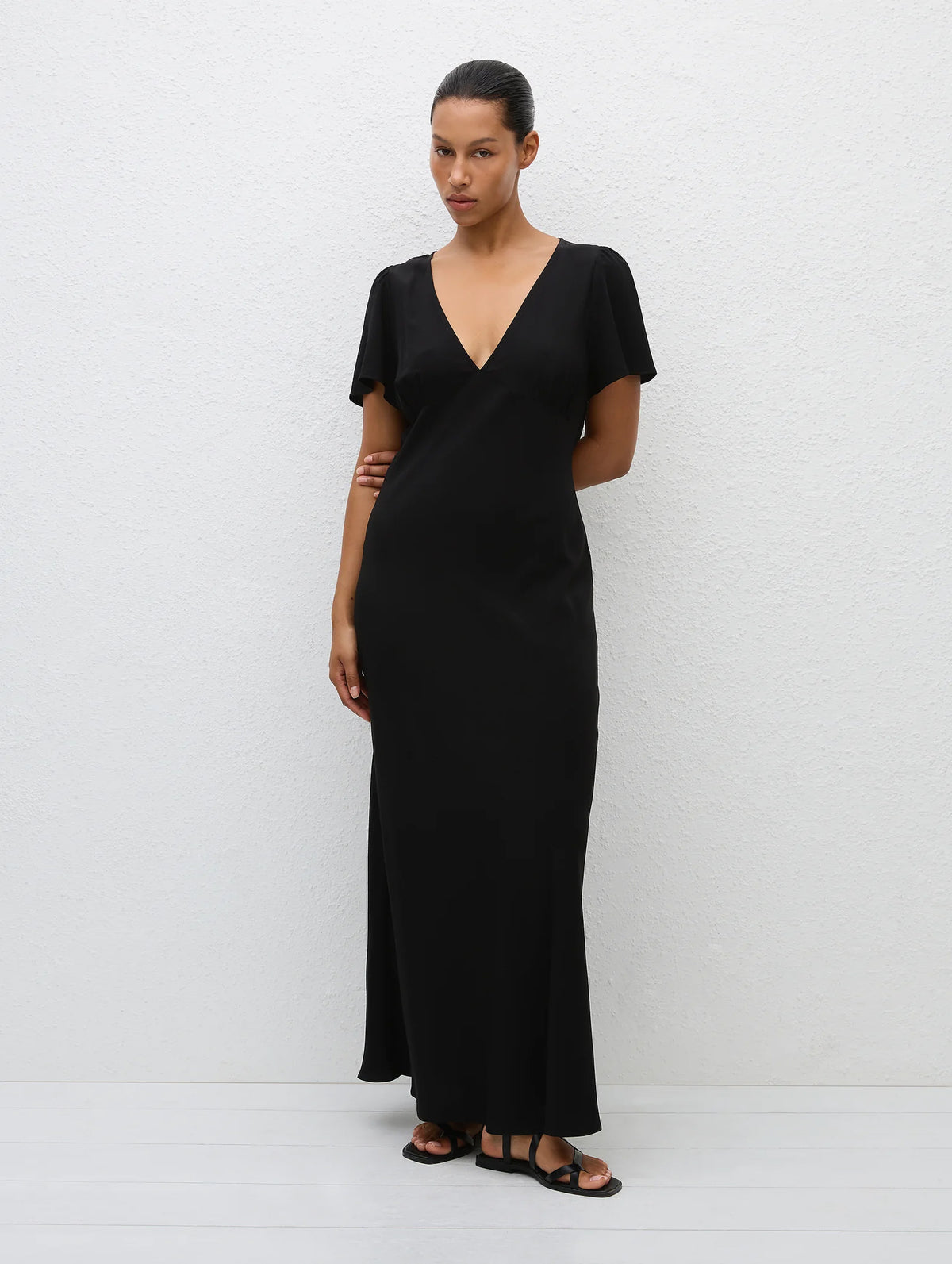 Short Sleeve Silk Bias Dress in Black