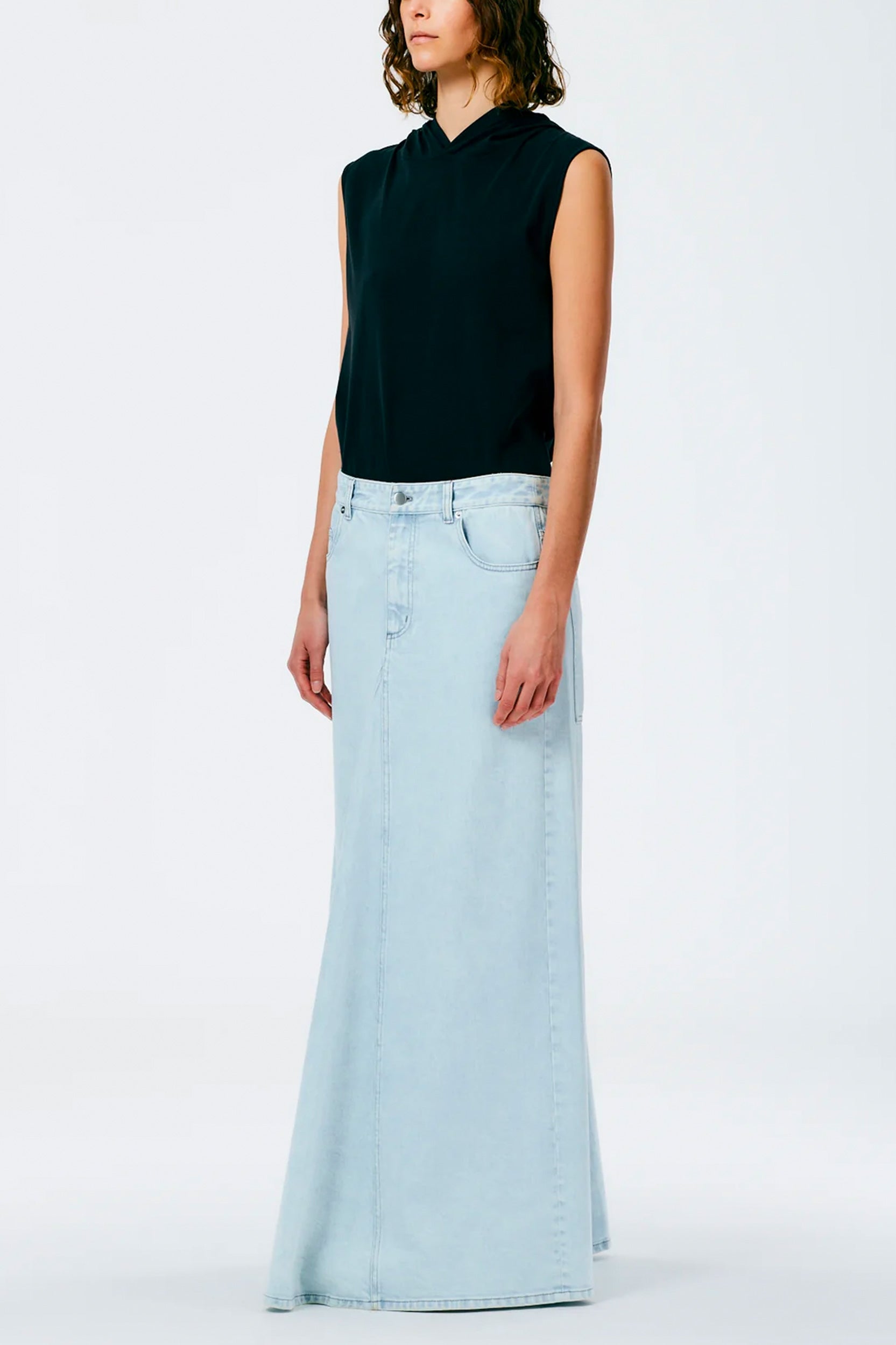 Bleached Denim Godet Maxi Skirt