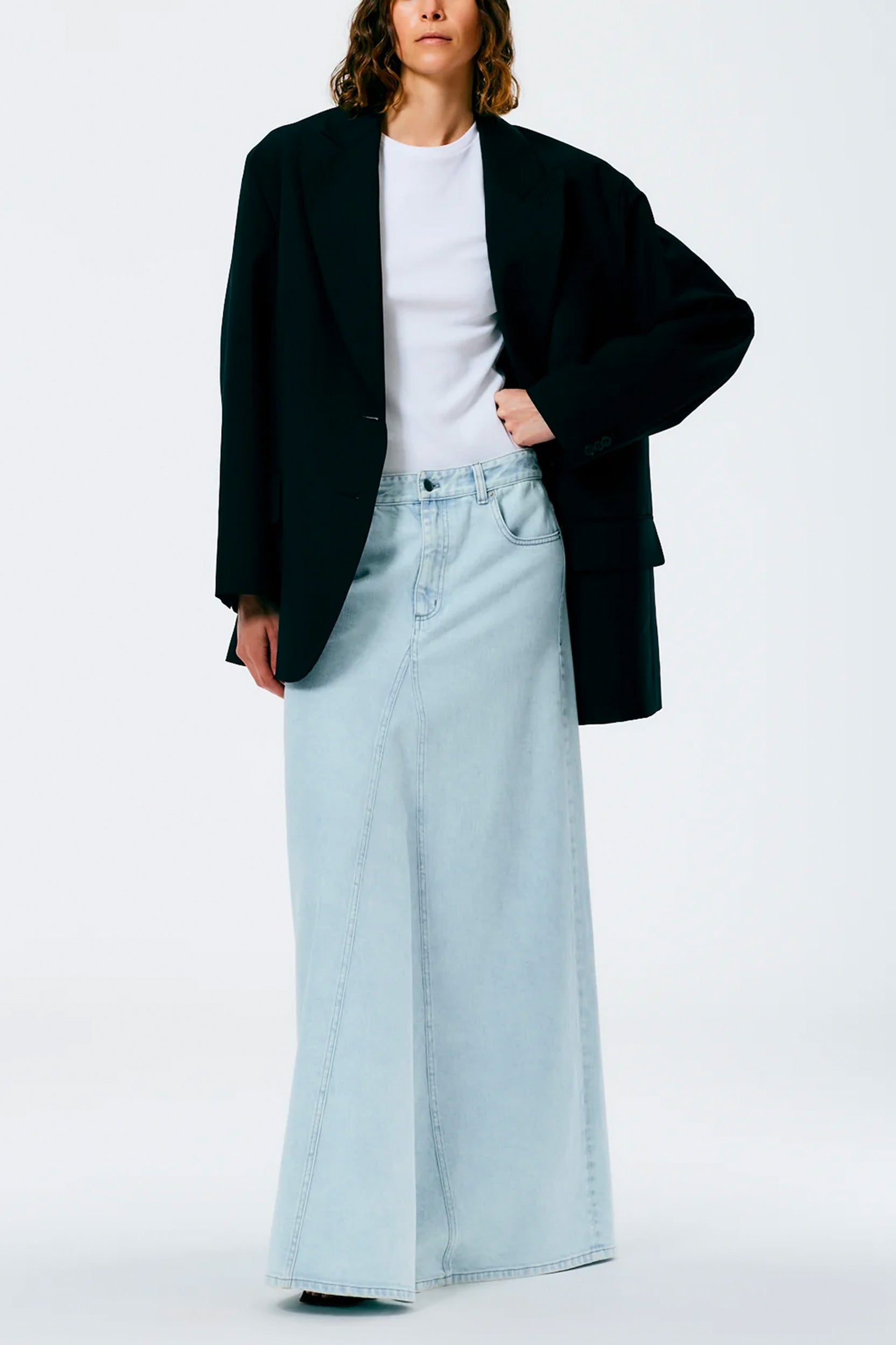 Bleached Denim Godet Maxi Skirt