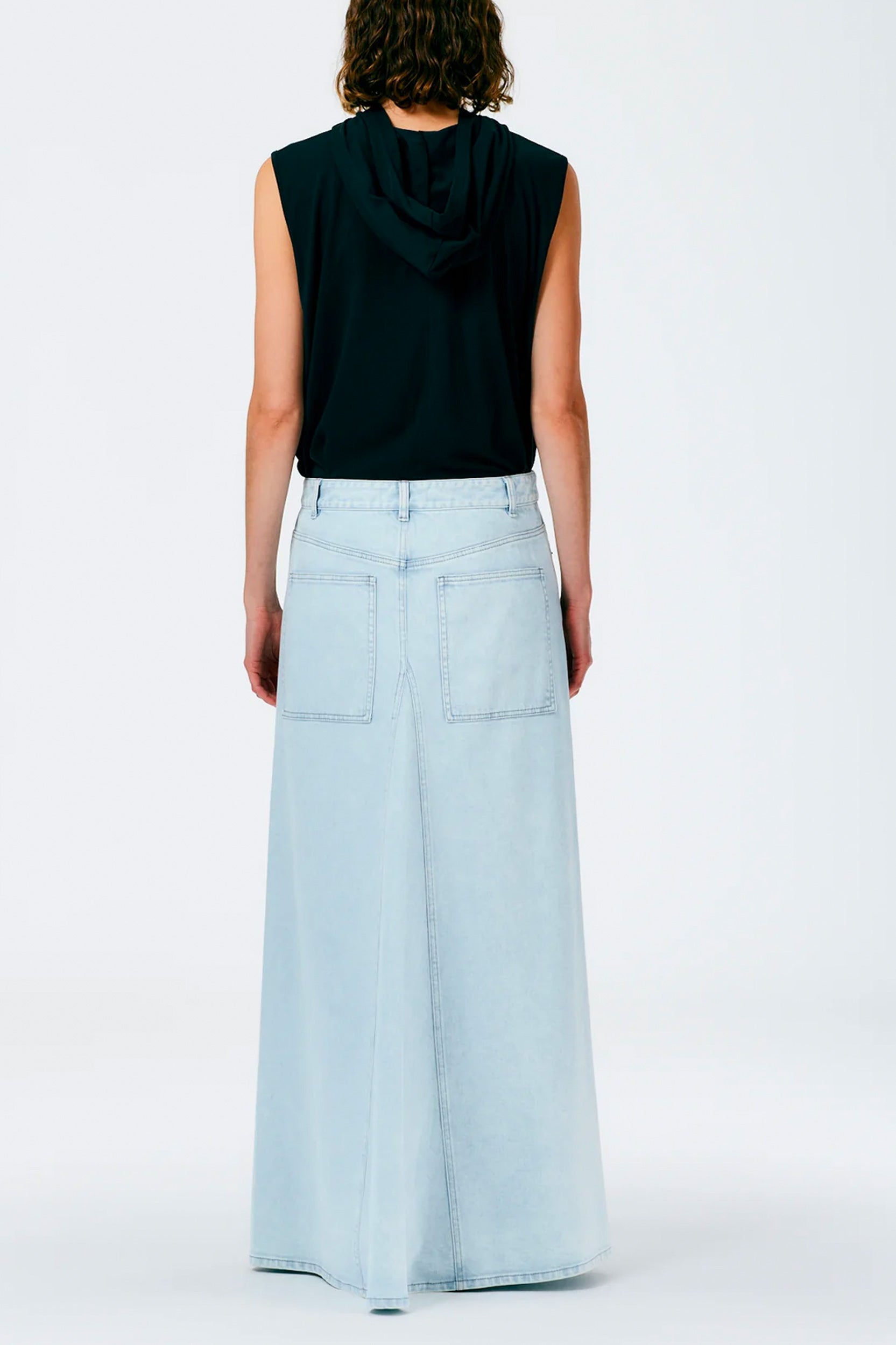 Bleached Denim Godet Maxi Skirt