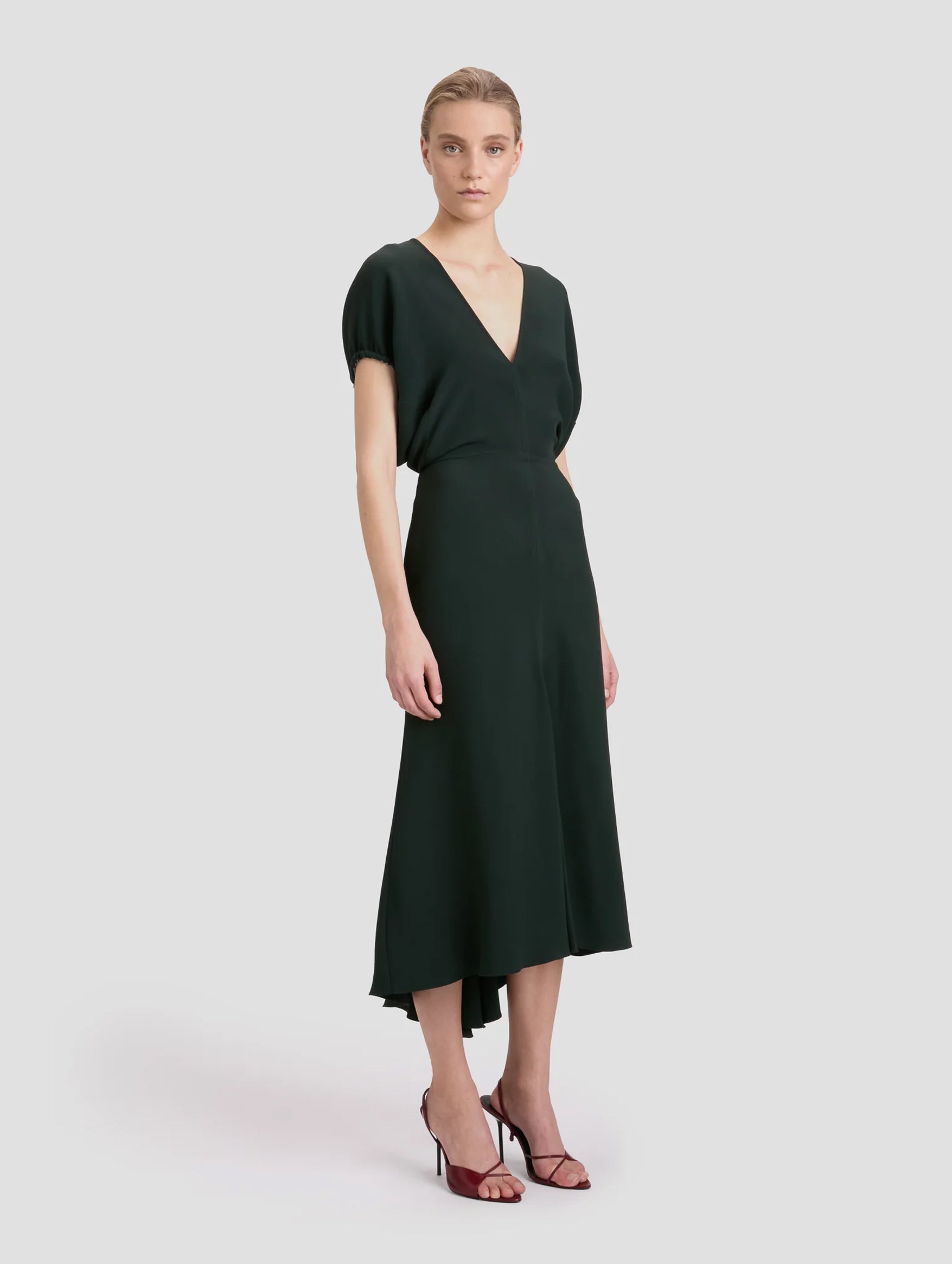 Blouson Detail Midi Dress in Dark Pine