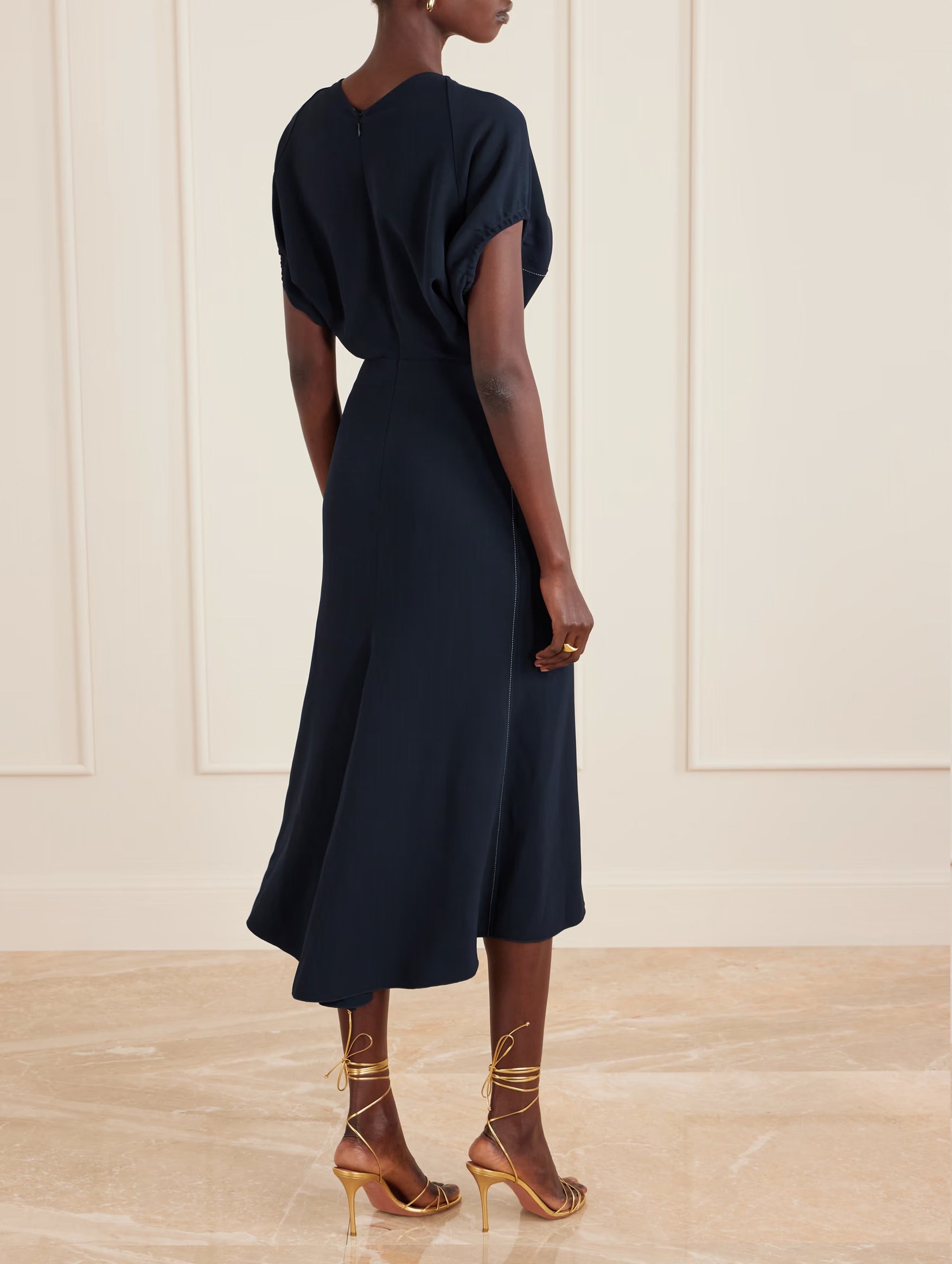 Blouson Detail Midi Dress in Navy