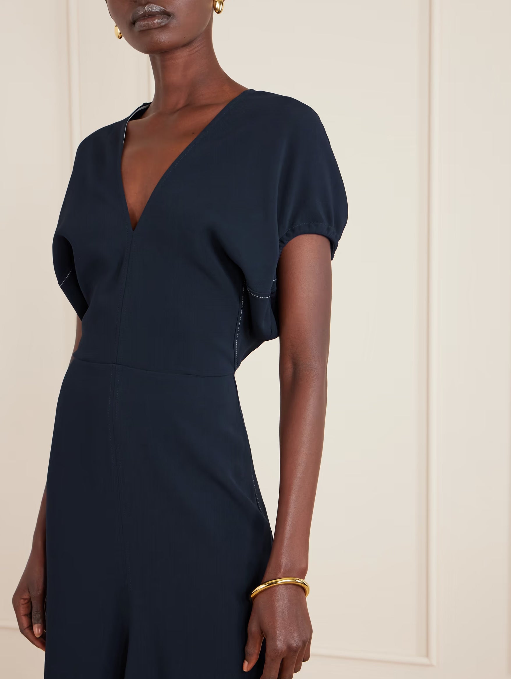 Blouson Detail Midi Dress in Navy