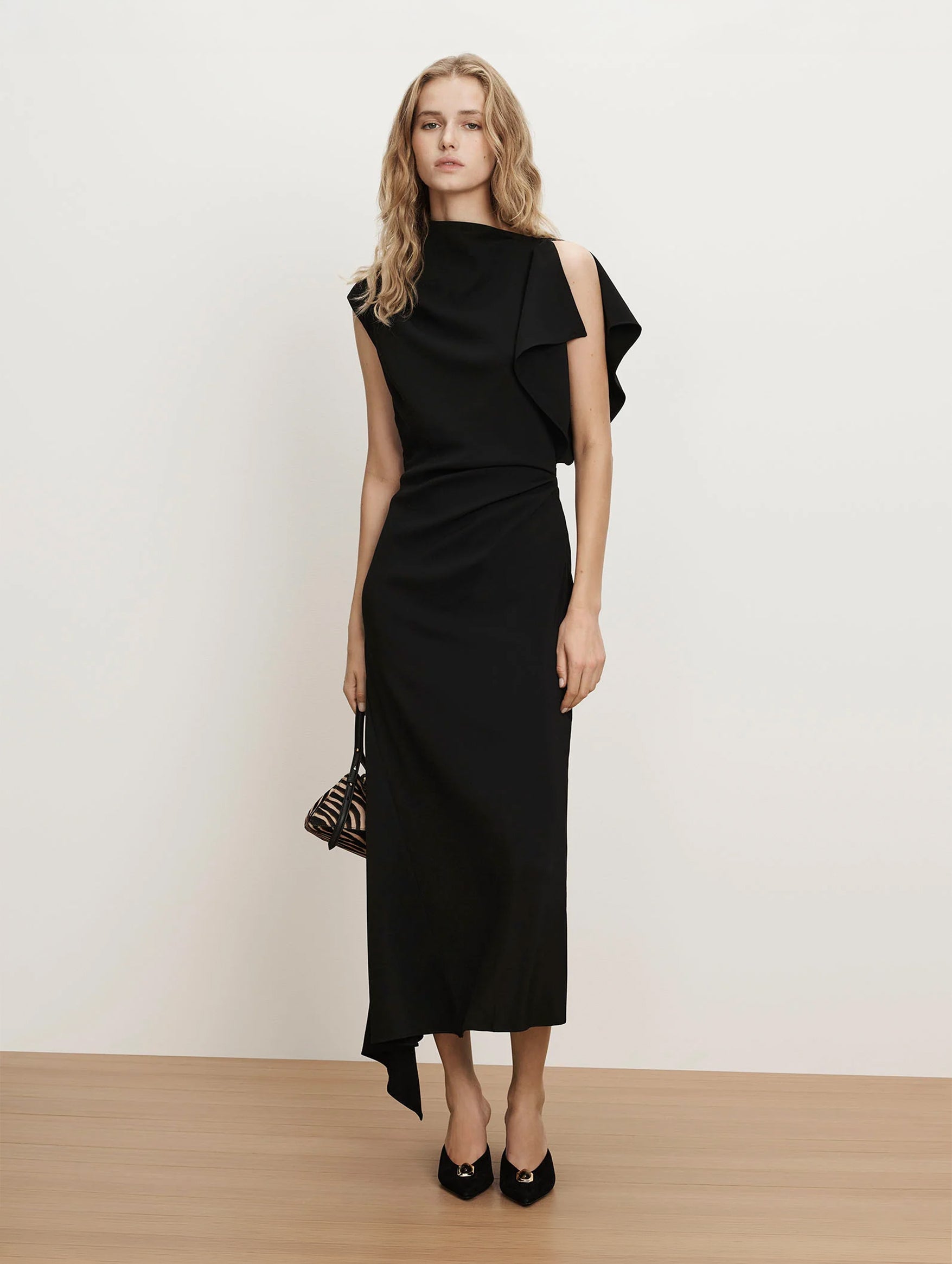 Brett Asymmetric Midi Dress in Black