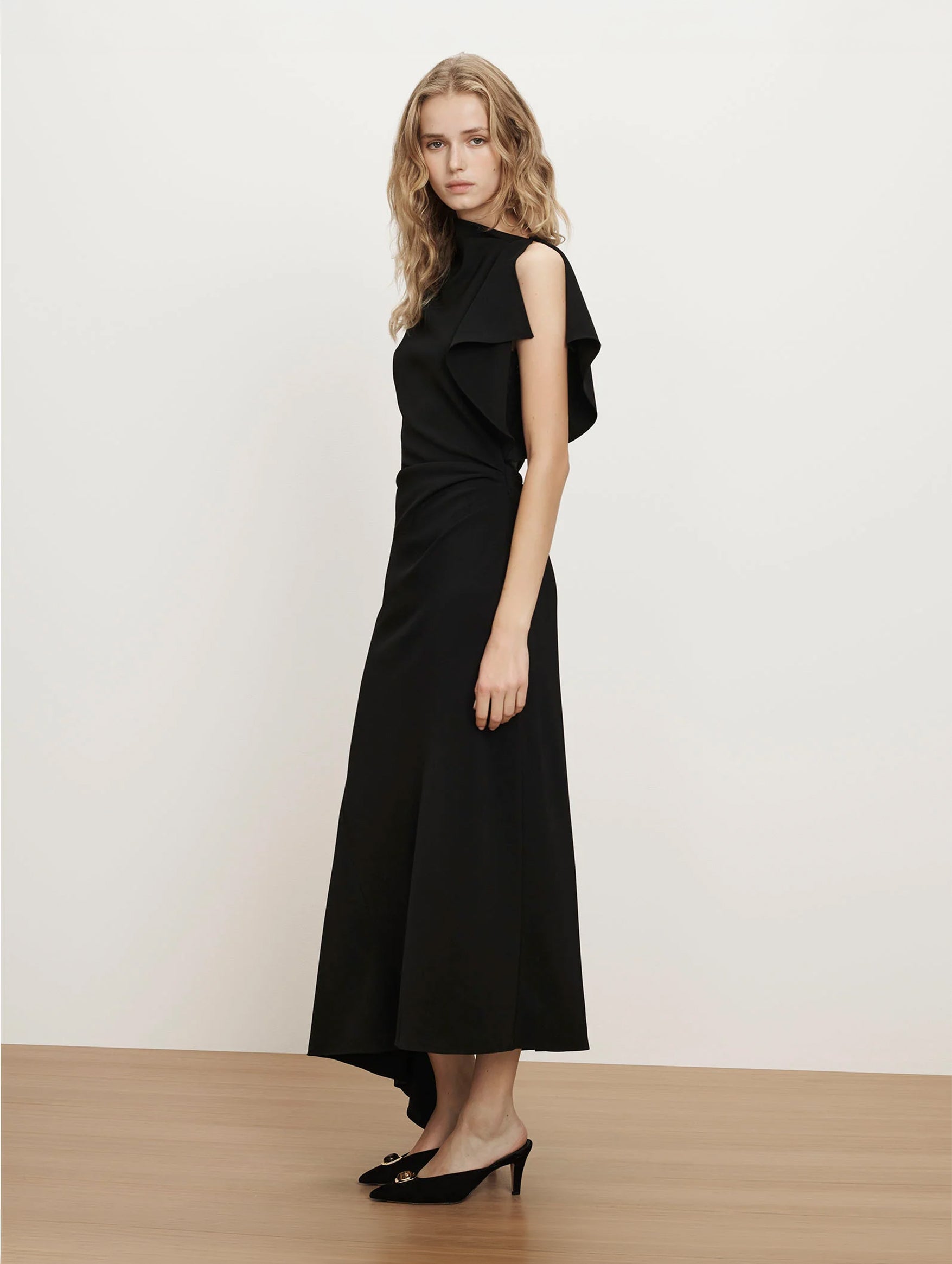 Brett Asymmetric Midi Dress in Black
