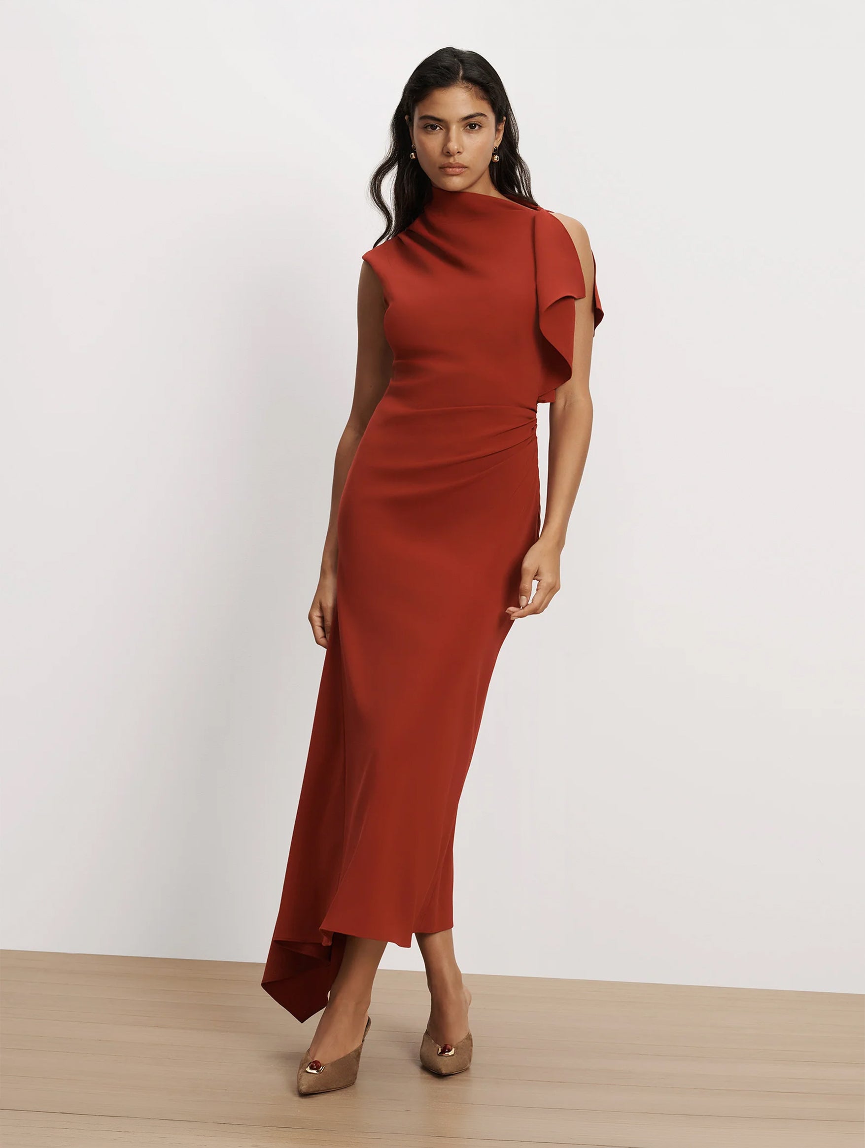 Brett Asymmetric Midi Dress in Cardinal Red