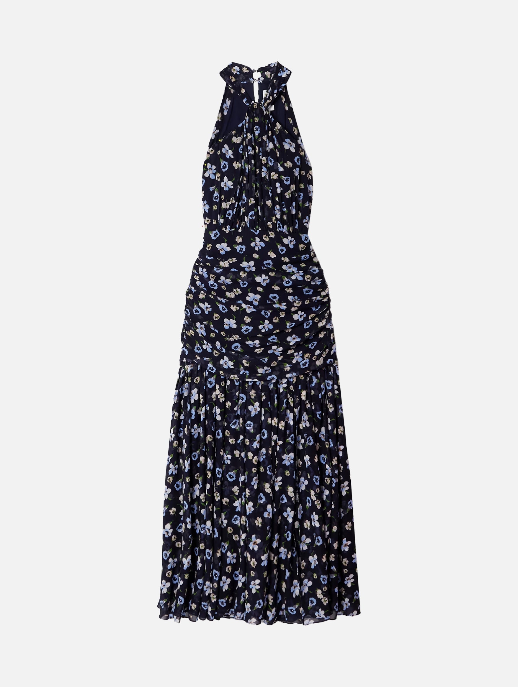 Brock Ruched Floral Silk Dress in Navy