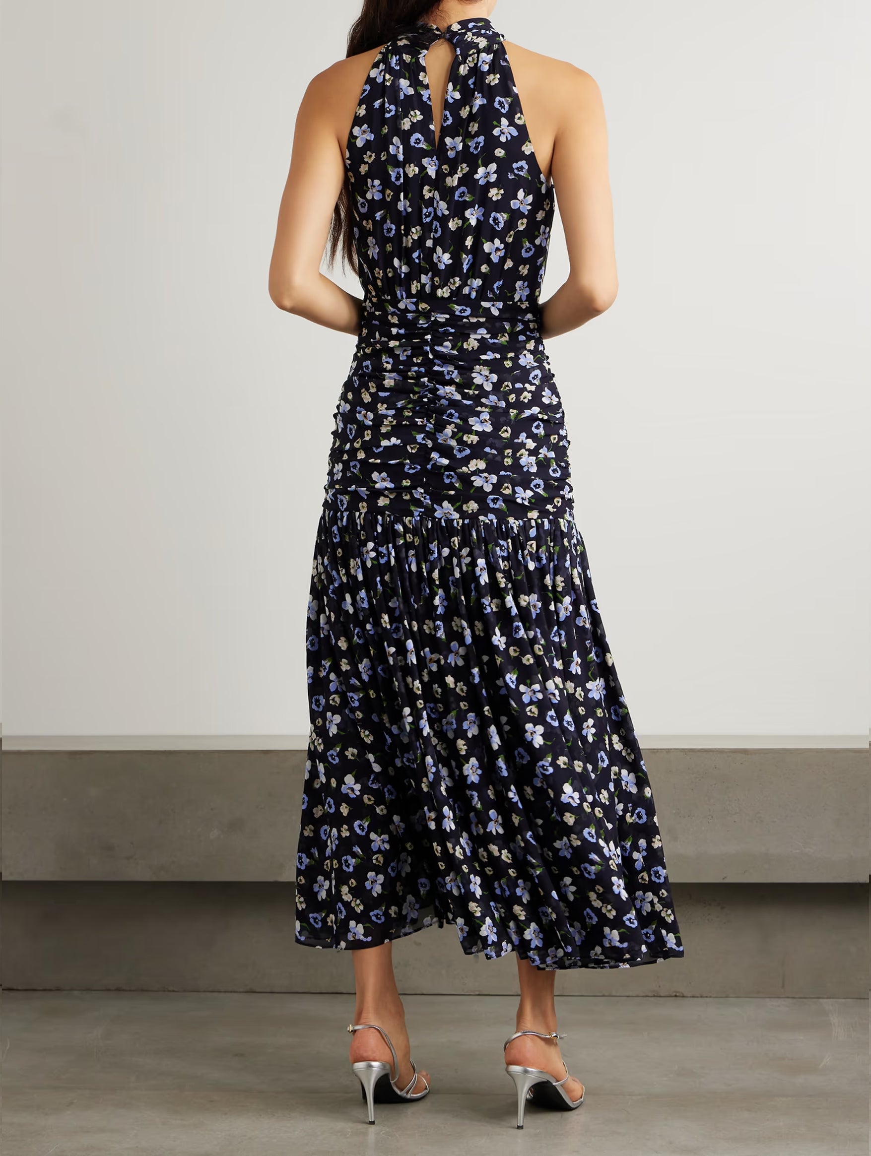 Brock Ruched Floral Silk Dress in Navy