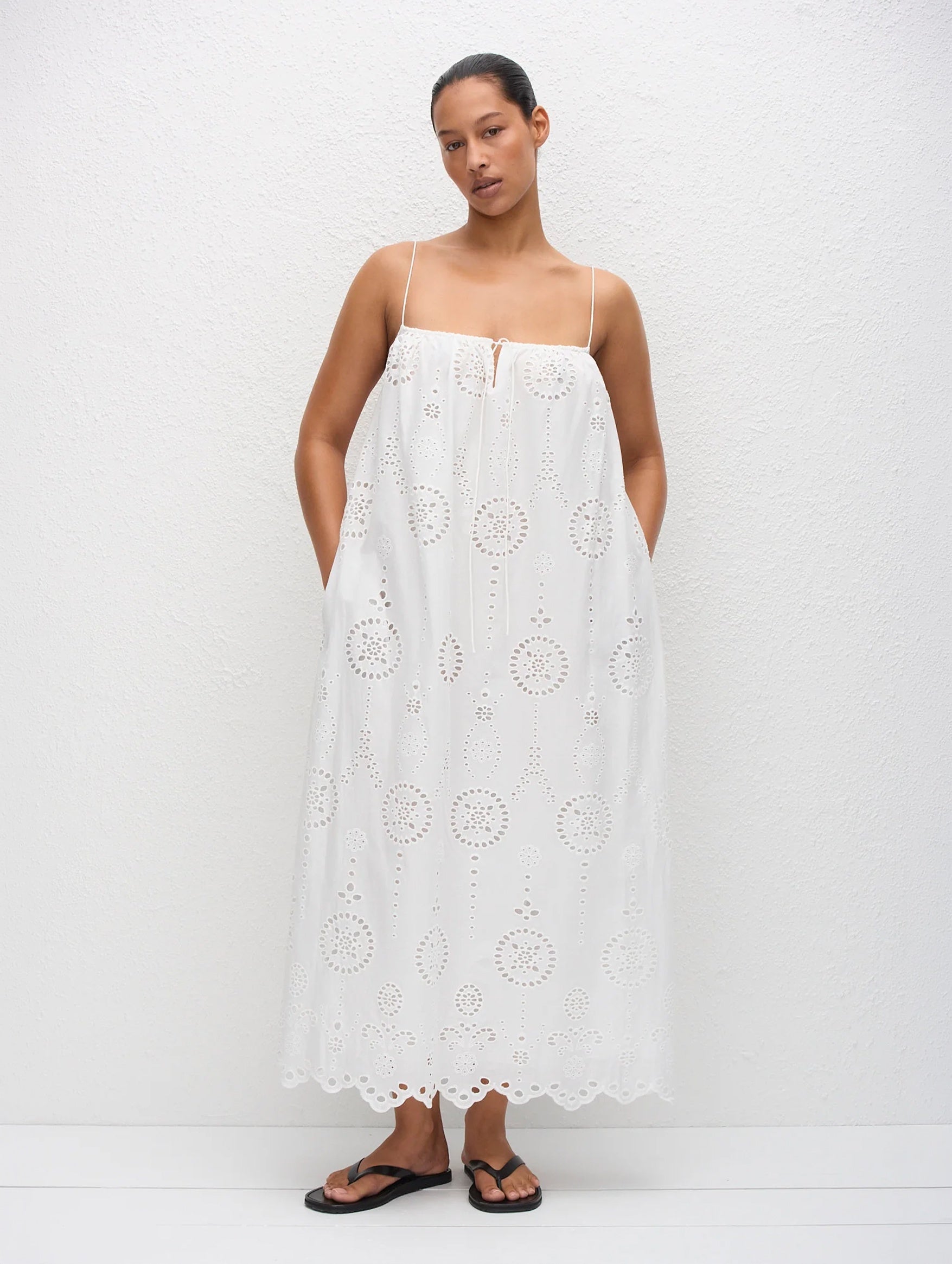 Broderie Cami Midi Dress in White