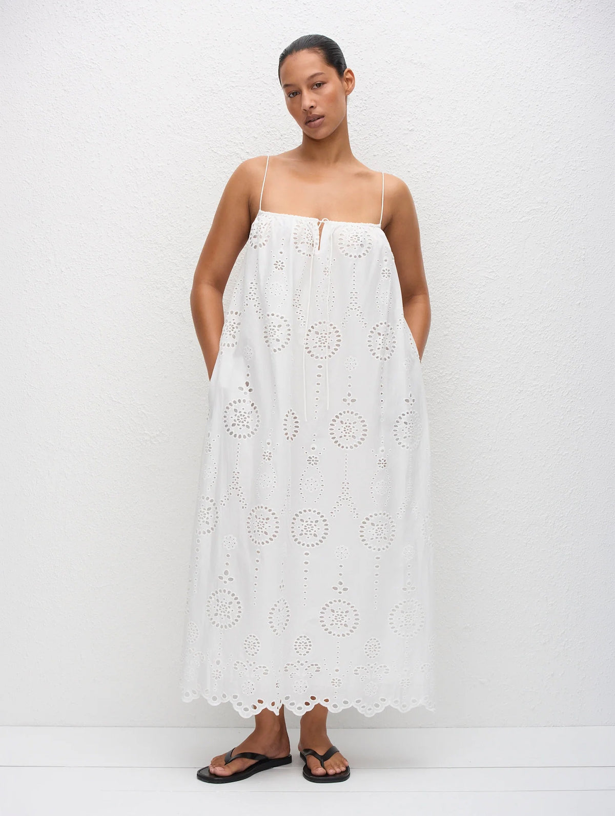 Broderie Cami Midi Dress in White