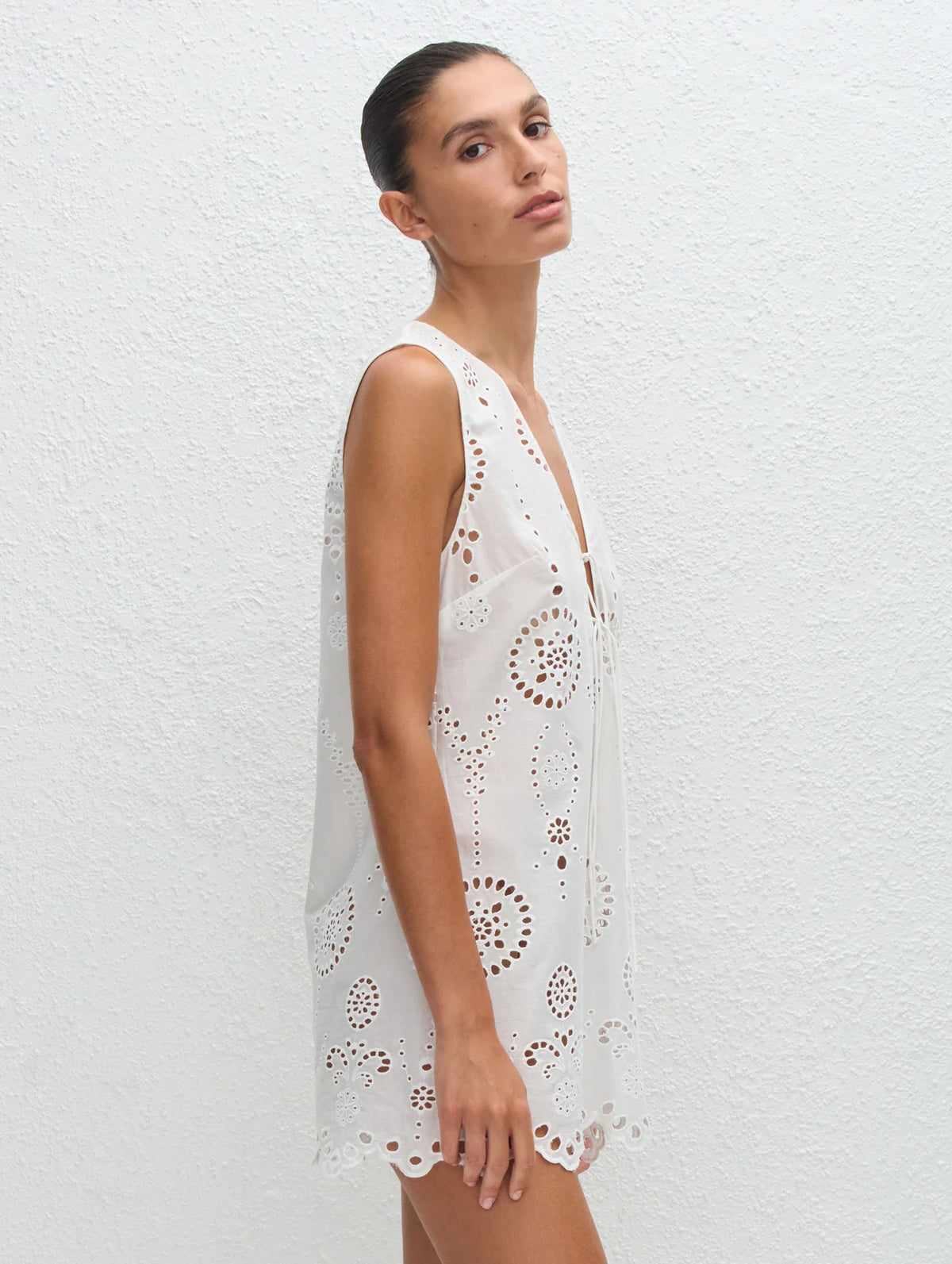 Broderie Tie Mini Dress in White