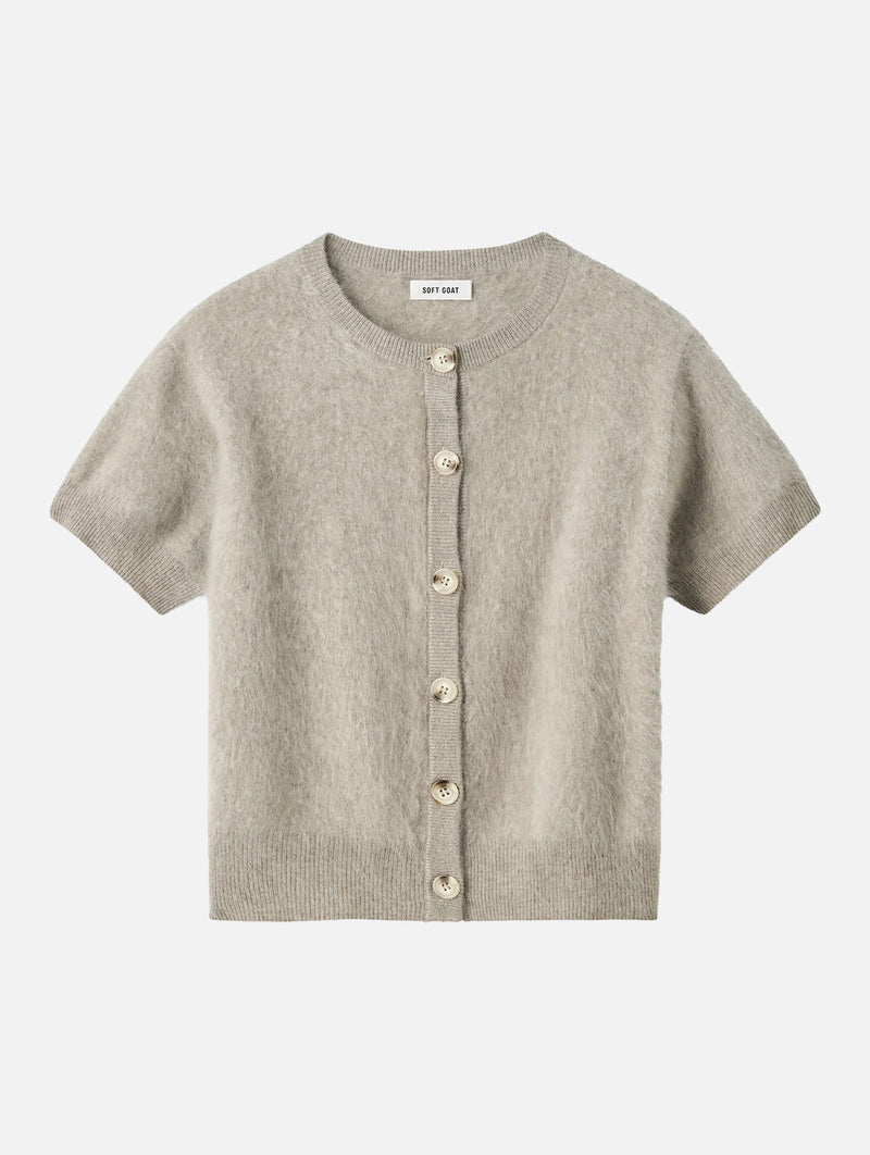 Brushed Cashmere Short Sleeve Cardigan in Greige