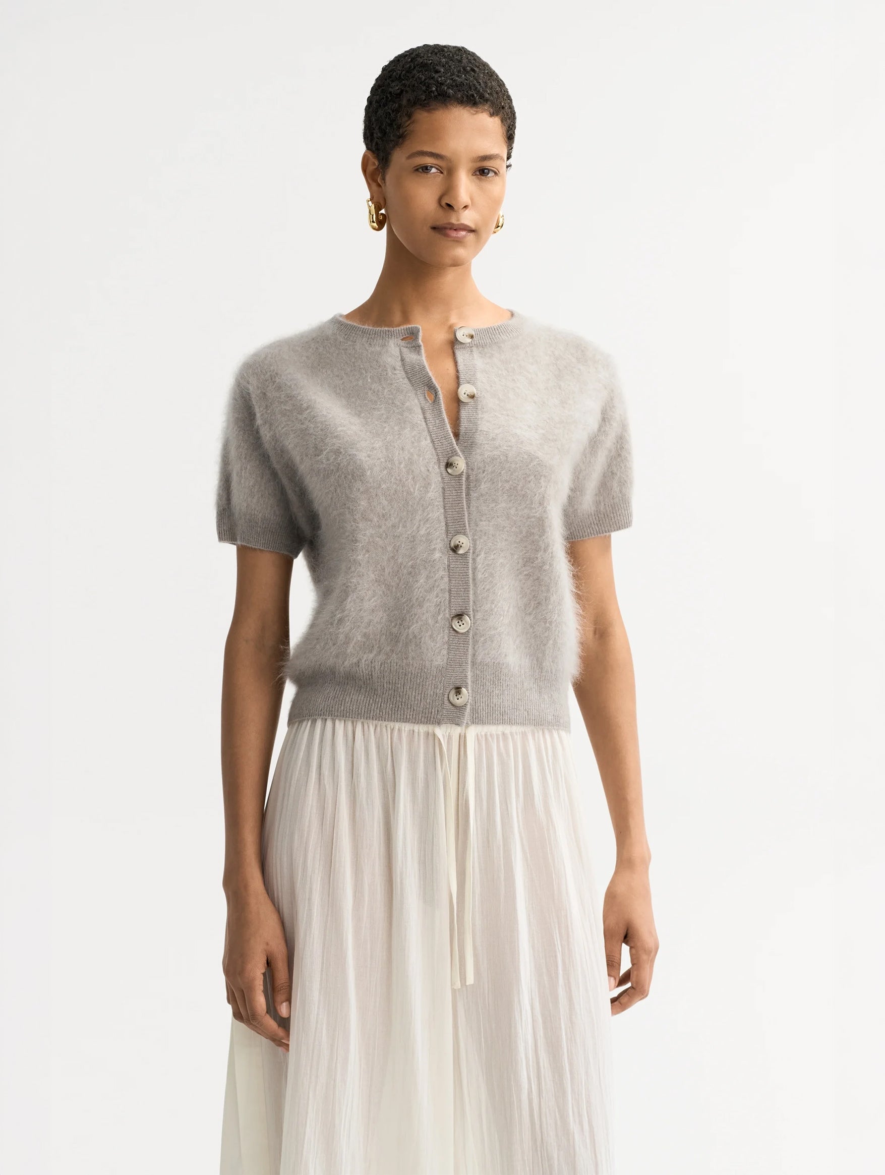 Brushed Cashmere Short Sleeve Cardigan in Greige